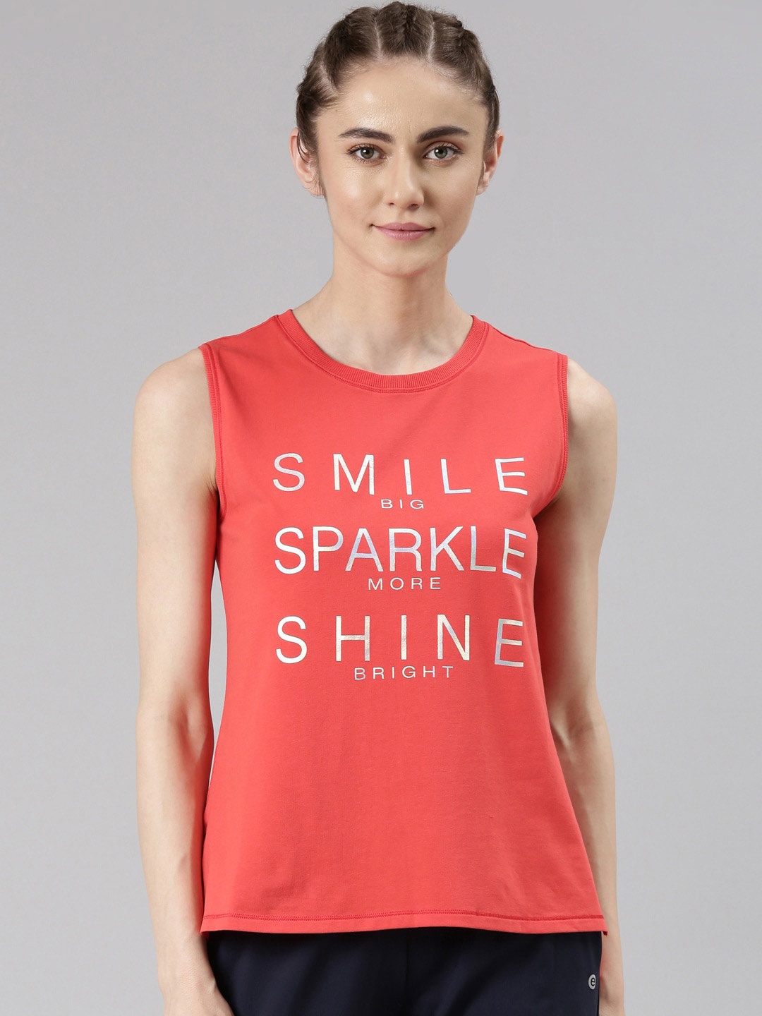 

Enamor Typographic Printed Antimicrobial Stretch Cotton Stay Cool Tank Top, Coral