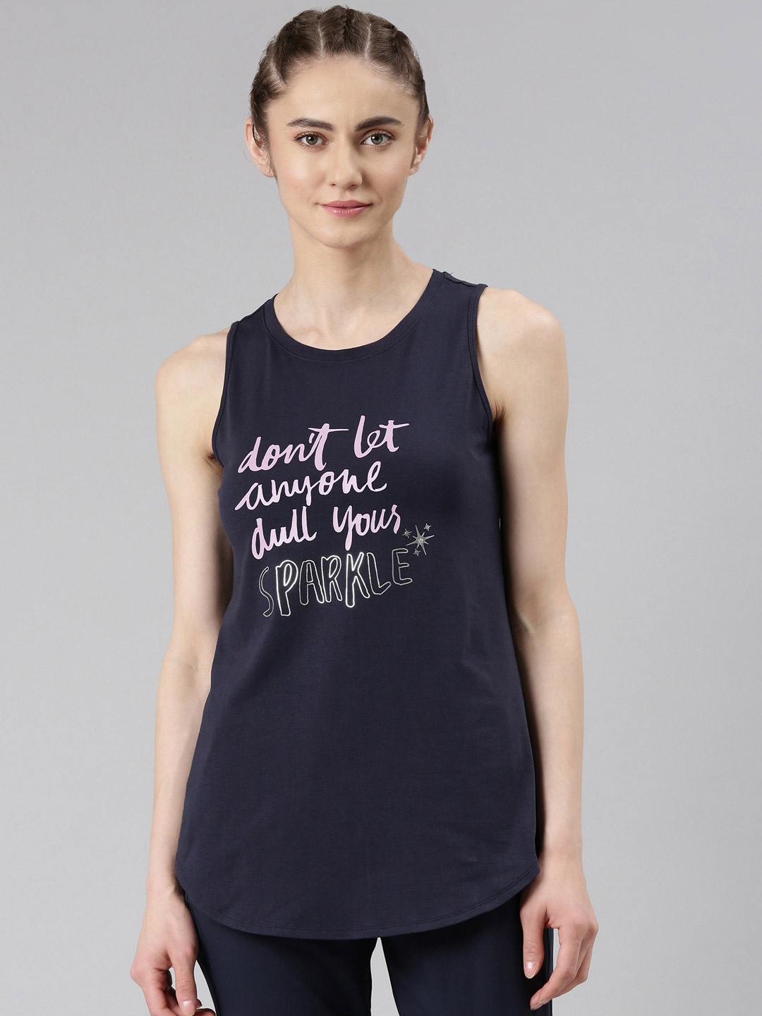 

Enamor Printed Regular Fit Sleeveless Antimicrobial Sports Tshirt, Navy blue