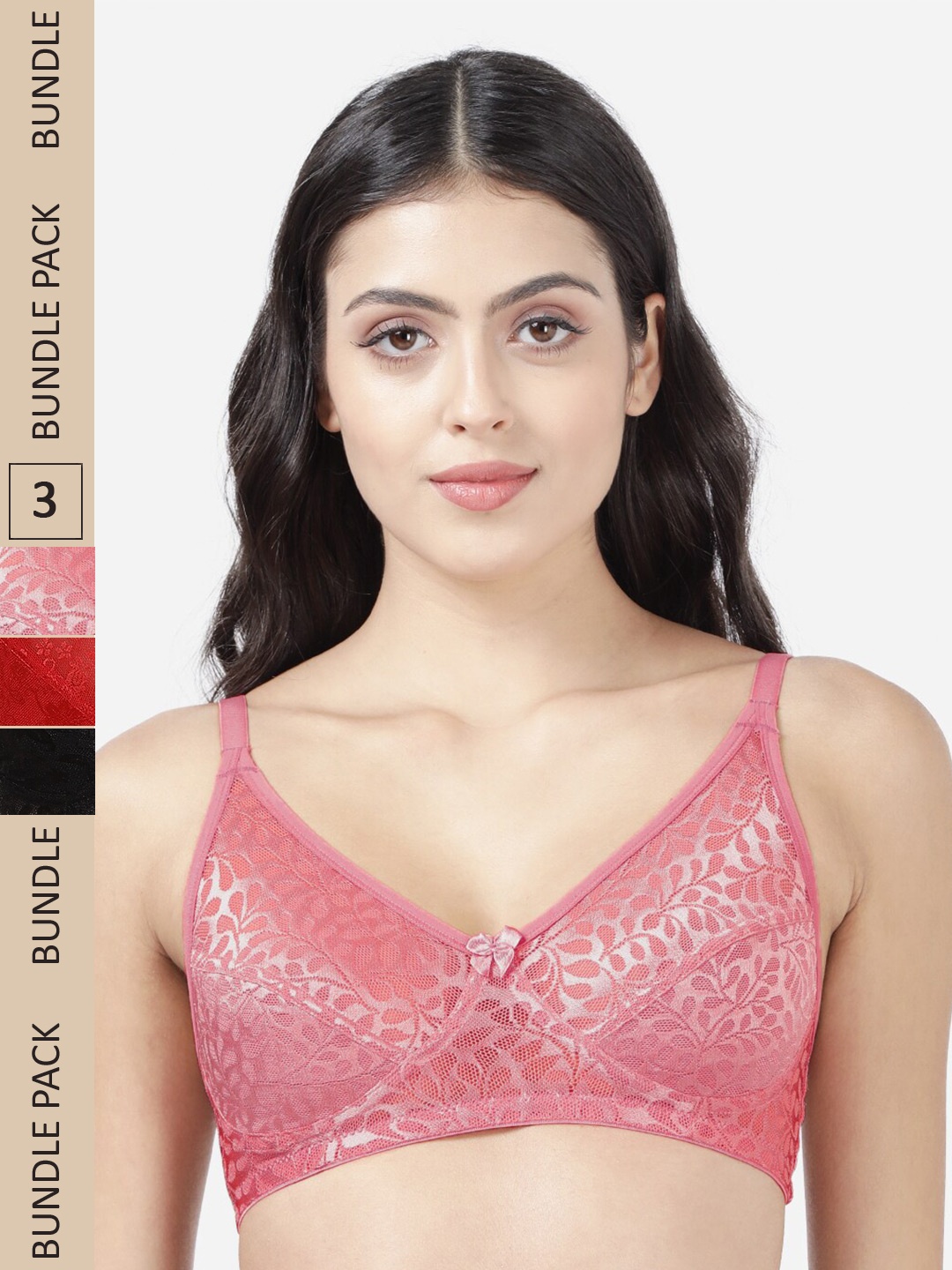 

Susie Pack Of 3 Self Design Cotton Non Padded Non-Wired Bra, Pink