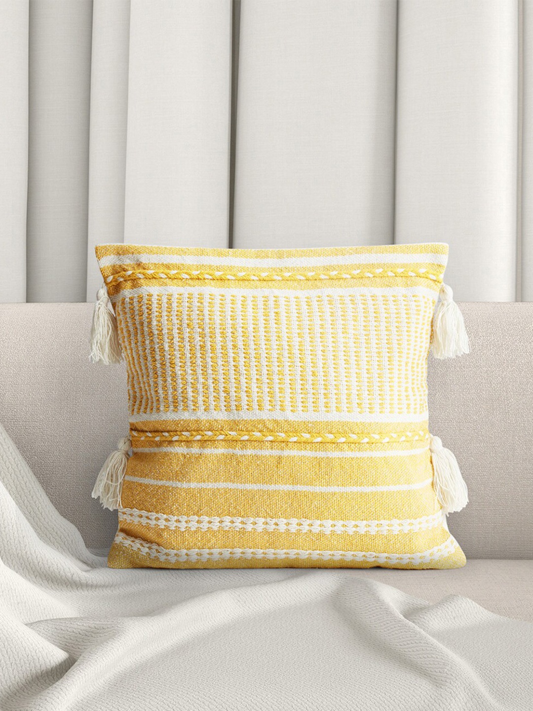 

Living scapes by Pantaloons Yellow & White Embroidered Square Cushion Cover