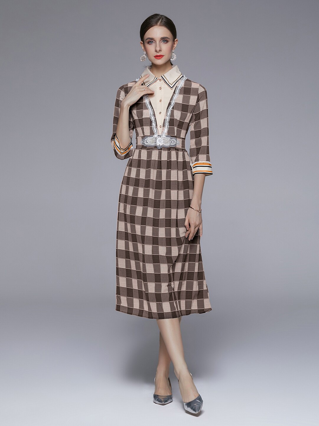 

JC Collection Checked A-Line Shirt Collar Lace Insert Midi Dress, Brown