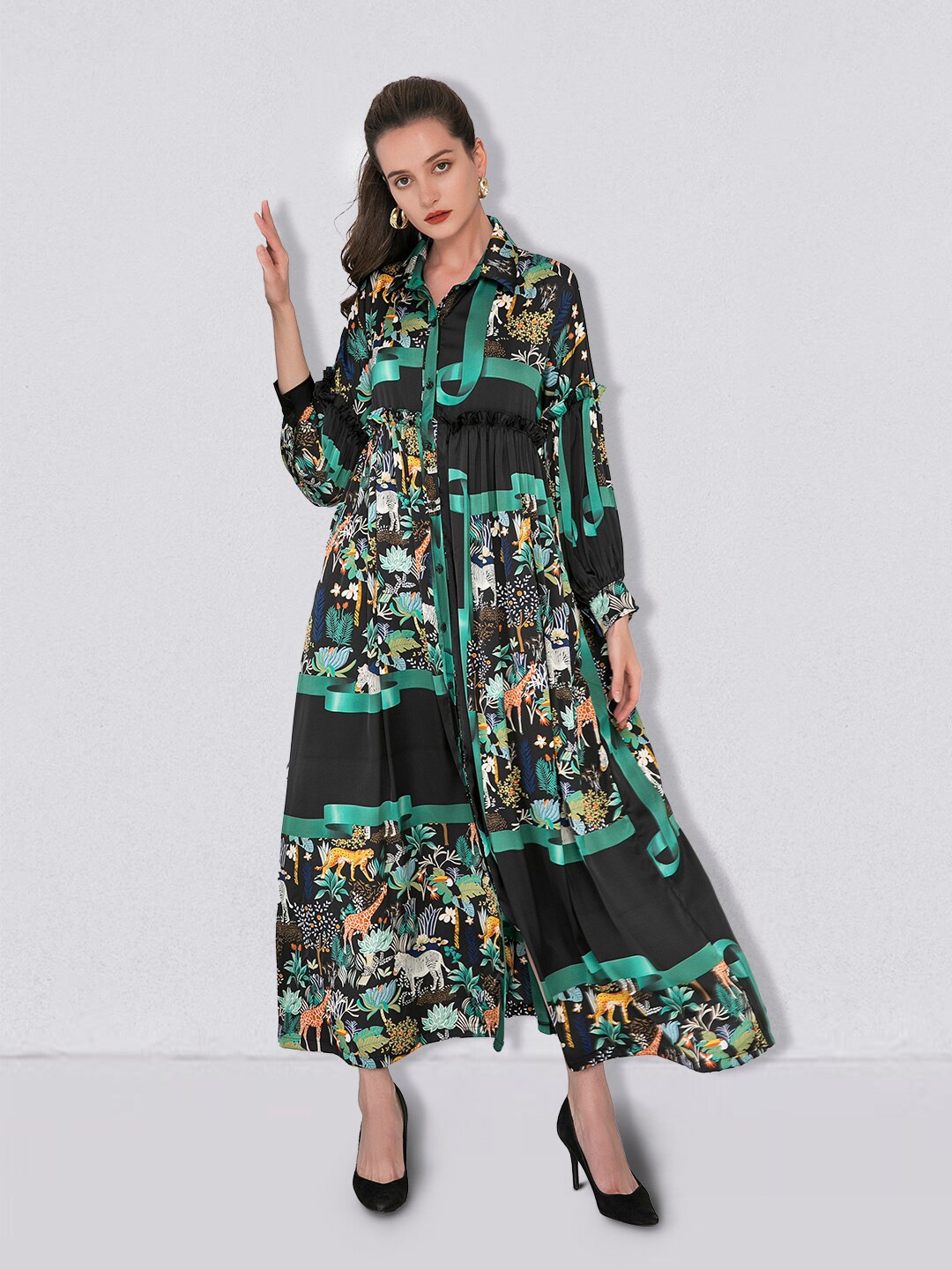 

JC Collection Tropical Long Sleeve A-Line Maxi Dress, Black