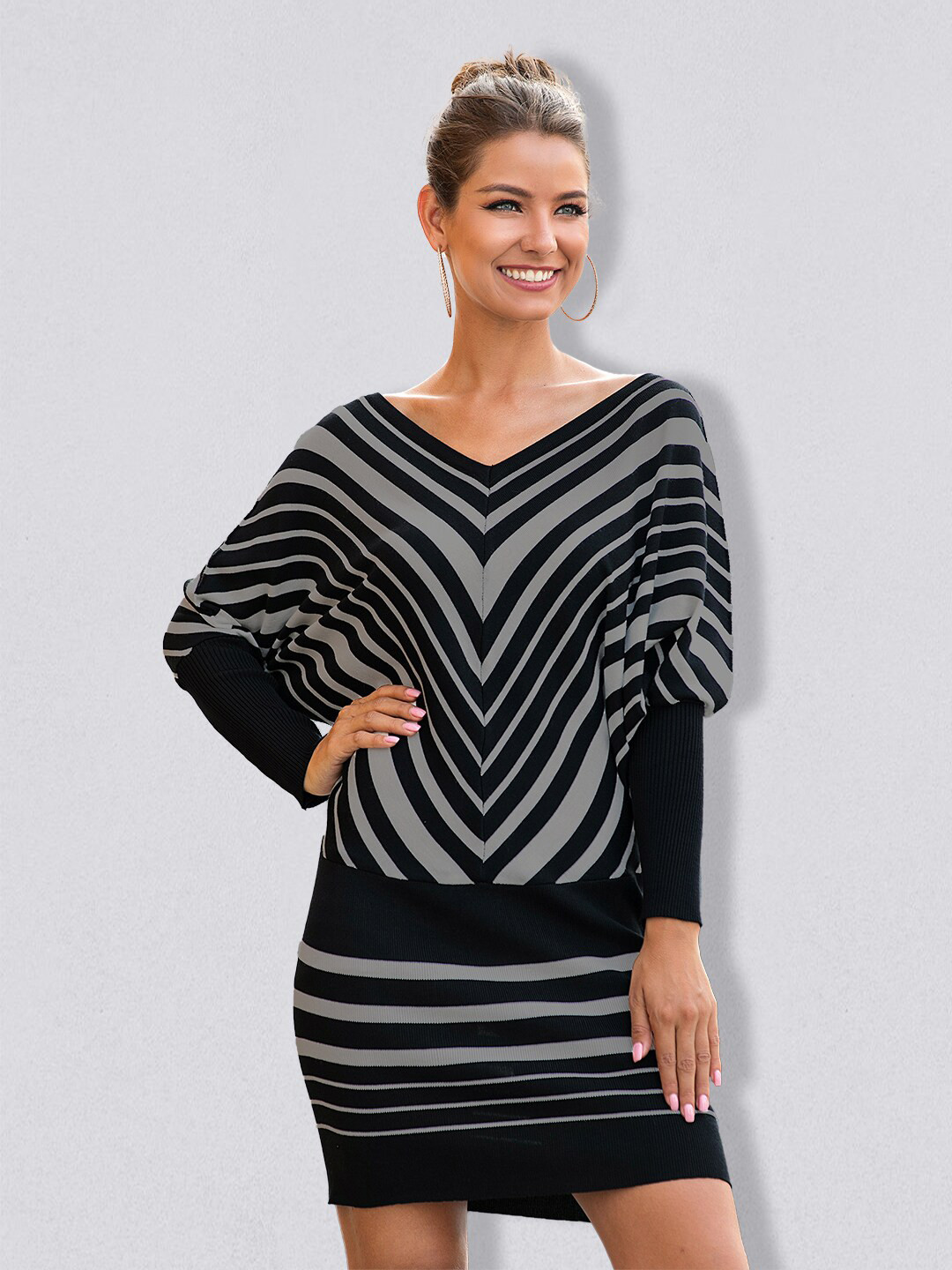 

JC Collection V-Neck Striped Dress, Grey
