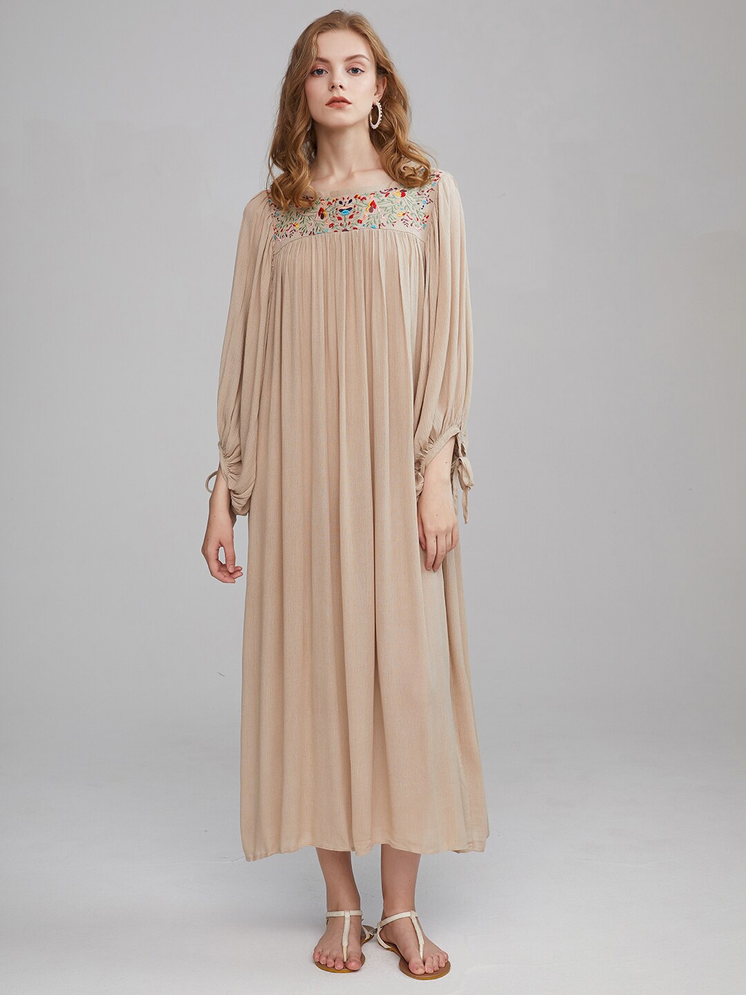 

JC Collection Embroidered Puff Sleeve Gathered A- Line Maxi Dress, Beige