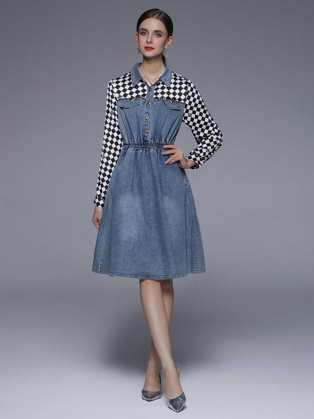 

JC Collection Checked Long Sleeve Denim Gathered Fit & Flare Midi Dress, Blue