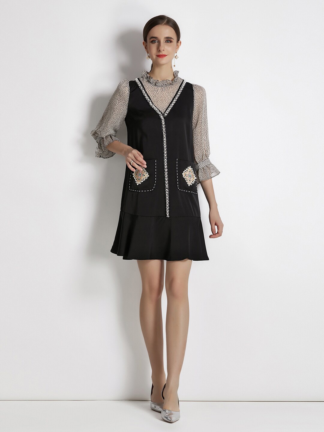 

JC Collection Printed Bell Sleeve High Neck Drop-Waist Mini Dress, Black