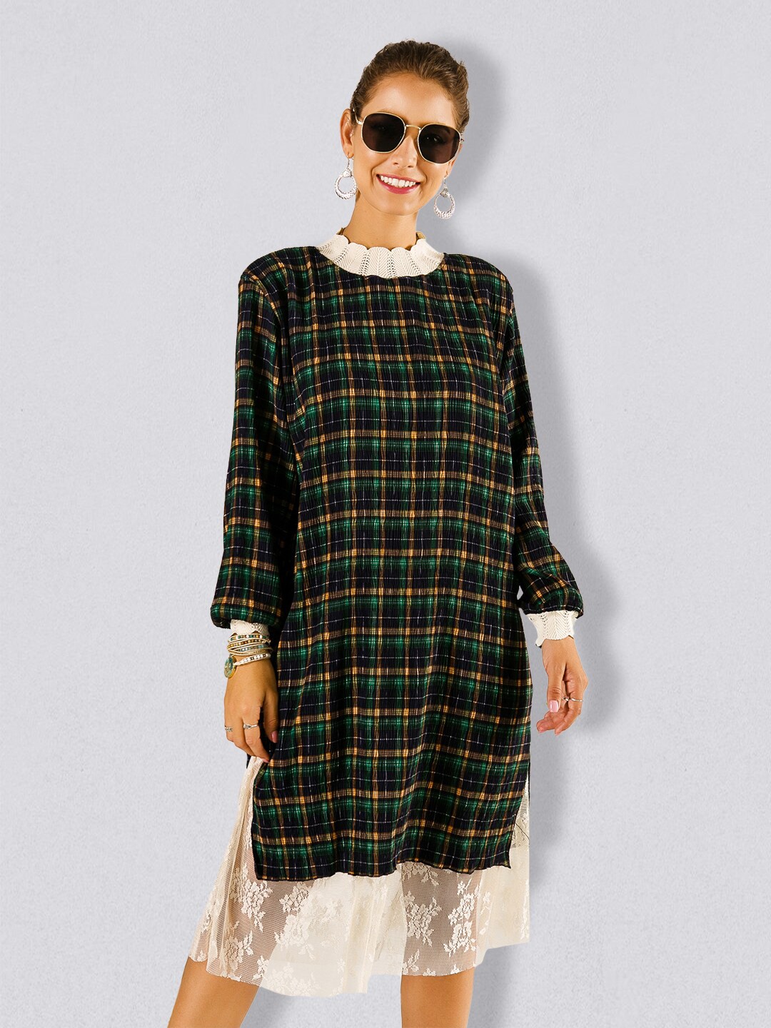 

JC Collection Checked High Neck Long Sleeves A-Line Dress, Green