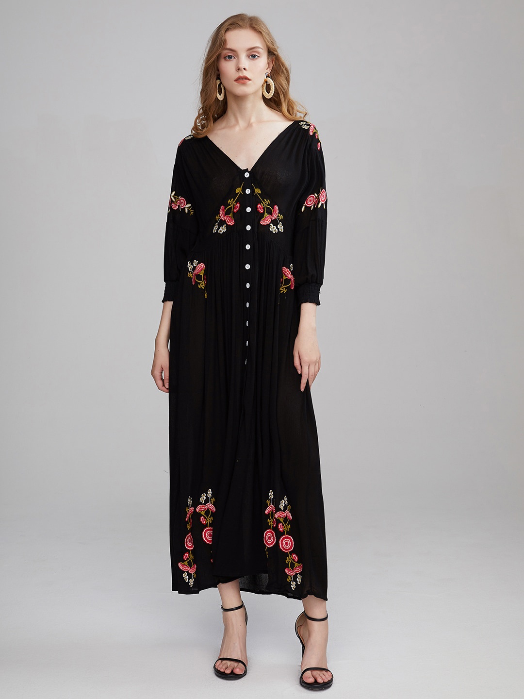 

JC Collection Floral Embroidered Pure Cotton Maxi Dress, Black