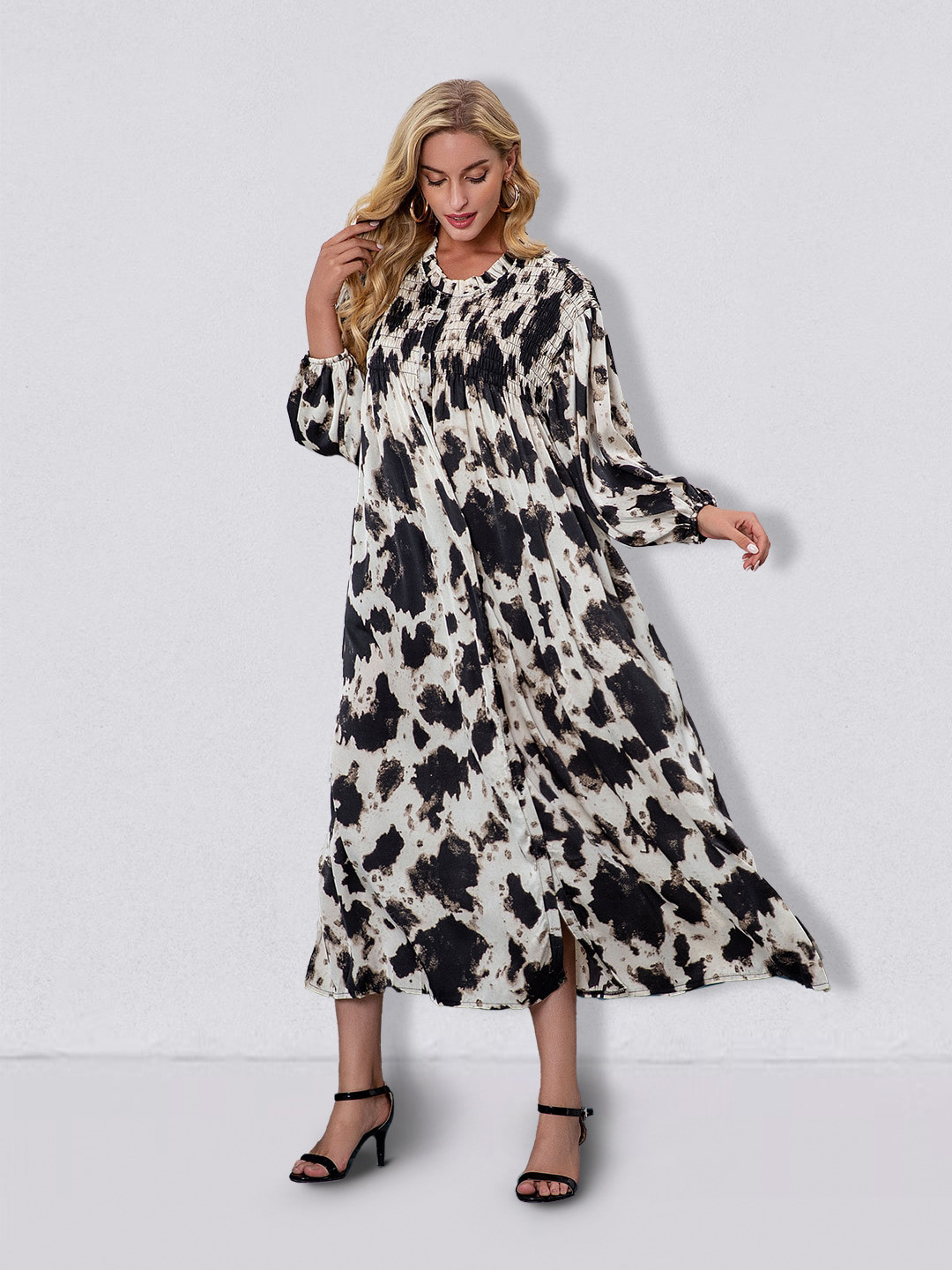 

JC Collection Printed Puff Sleeves Smocked A-Line Midi Dress, White