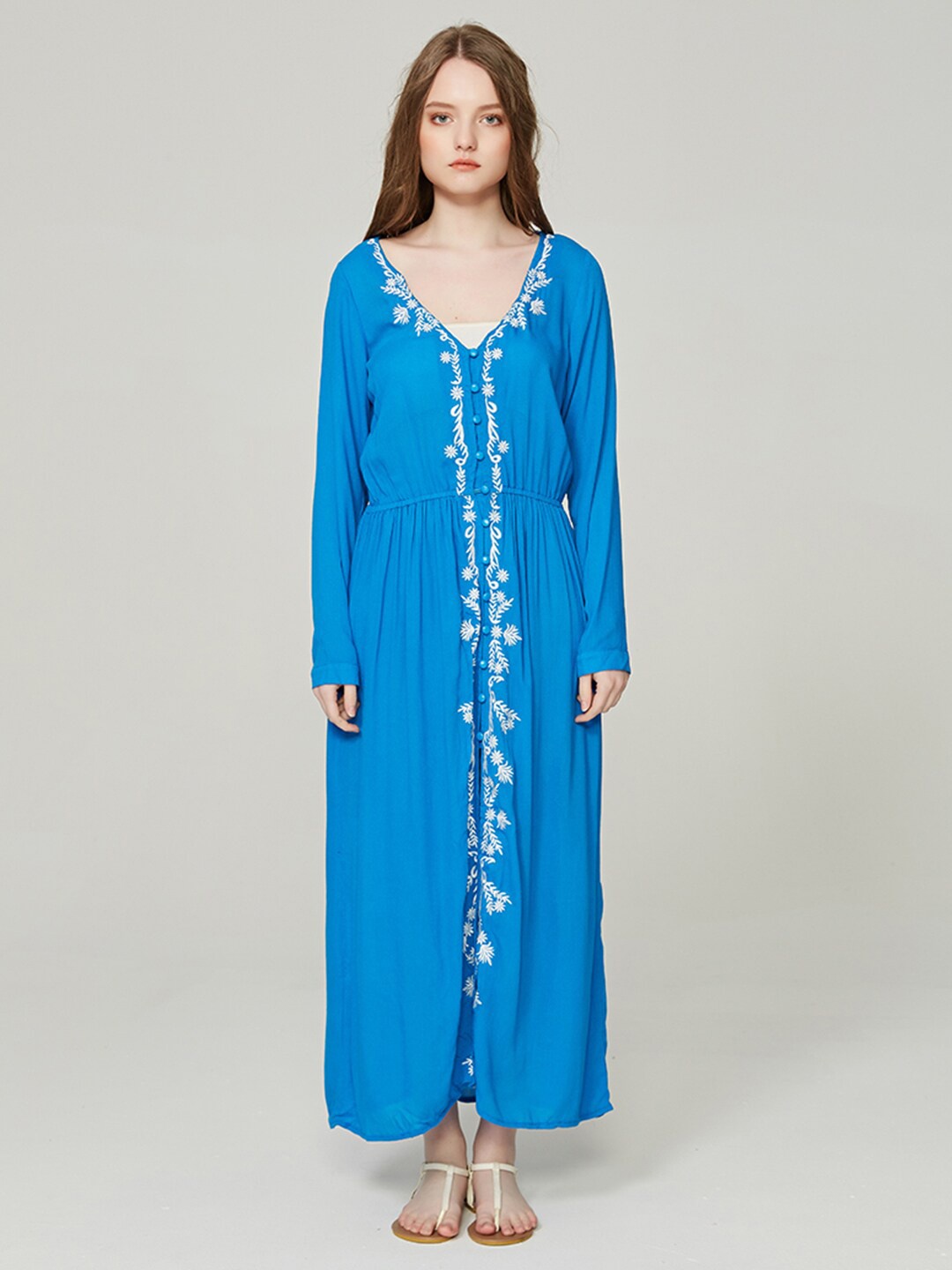 

JC Collection Floral Embroidered Gathered Long Sleeve Maxi Dress, Blue