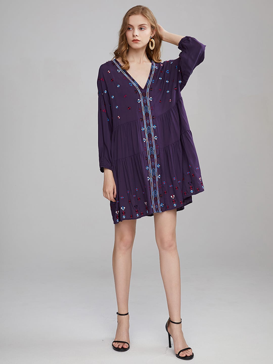 

JC Collection Floral Embroidered Pure Cotton A-Line Dress, Purple