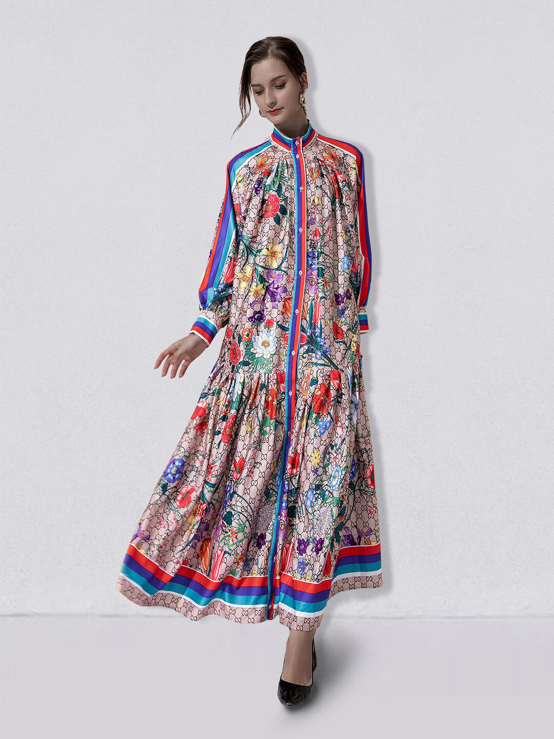 

JC Collection Mandarin Collar Floral Printed Maxi Dress, Purple