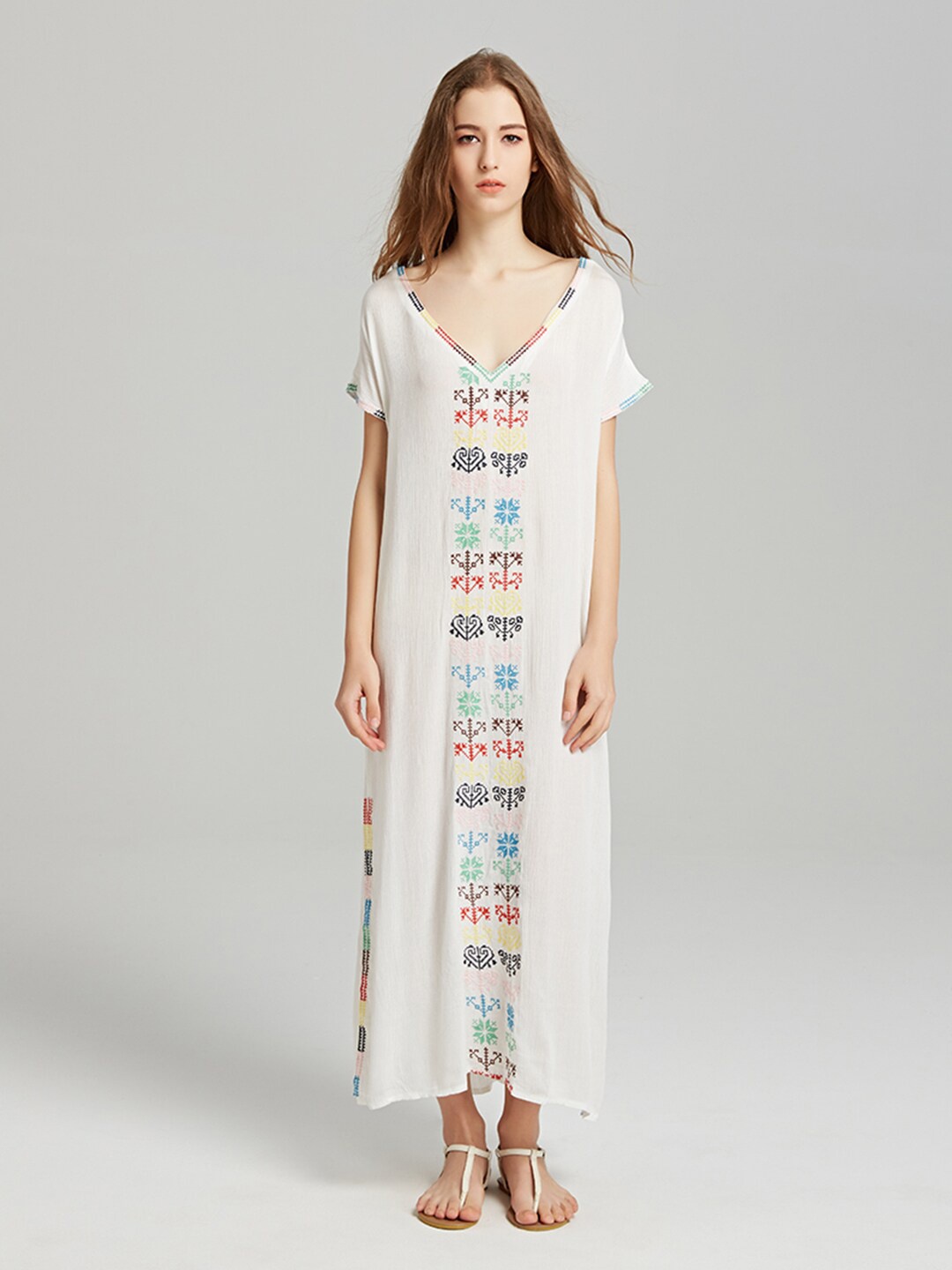 

JC Collection Printed A-Line Side Slit Cotton Maxi Dress, White