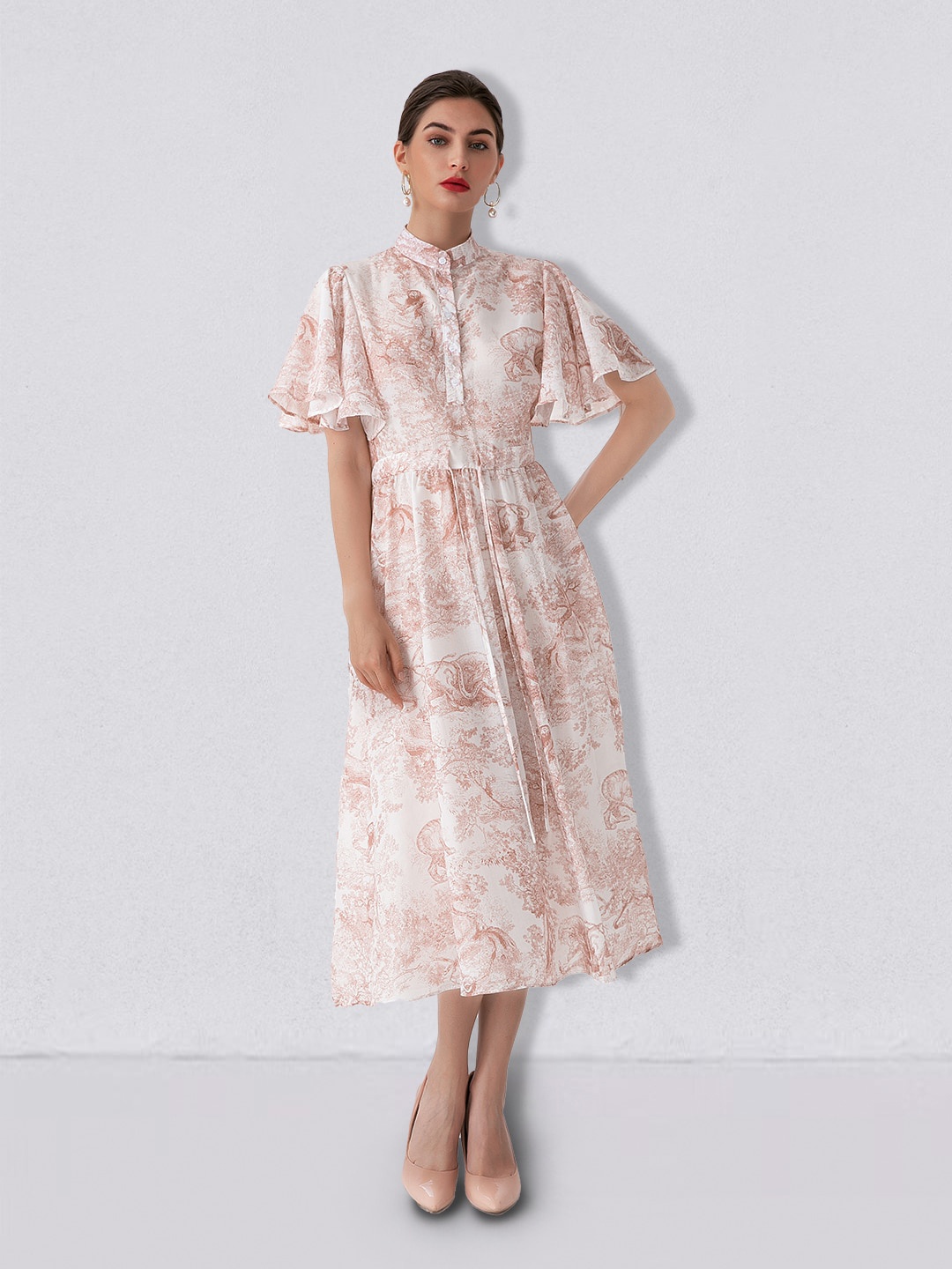 

JC Collection Printed Mandarin Collar Flared Sleeves Midi A-Line Dress, White