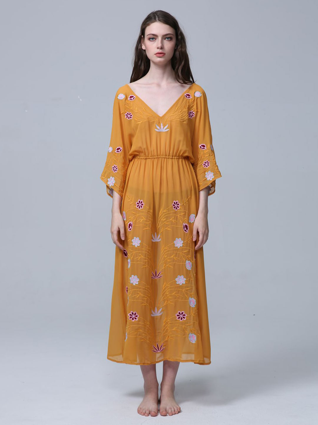 

JC Collection Pure Cotton Floral Embroidered A-Line Dress, Yellow