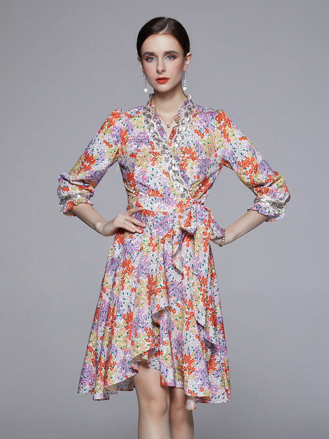 

JC Collection Floral Embellished Tie Up Detail Fit & Flare Mini Dress, Purple