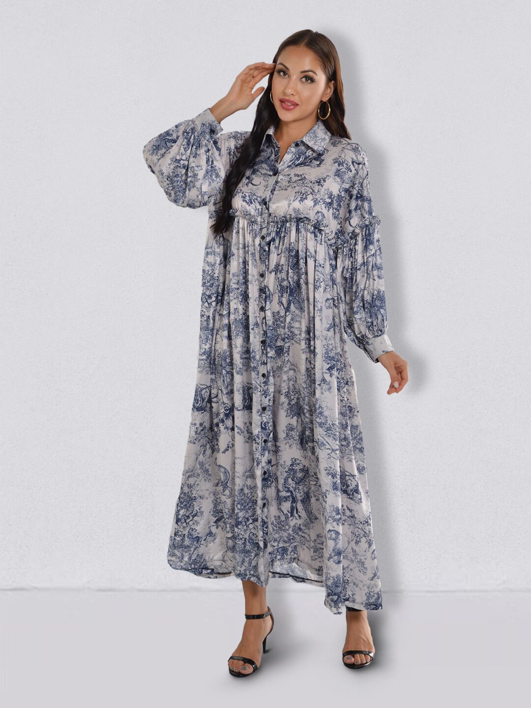 

JC Collection Printed Shirt Collar Cuffed Sleeves Maxi Dress, White