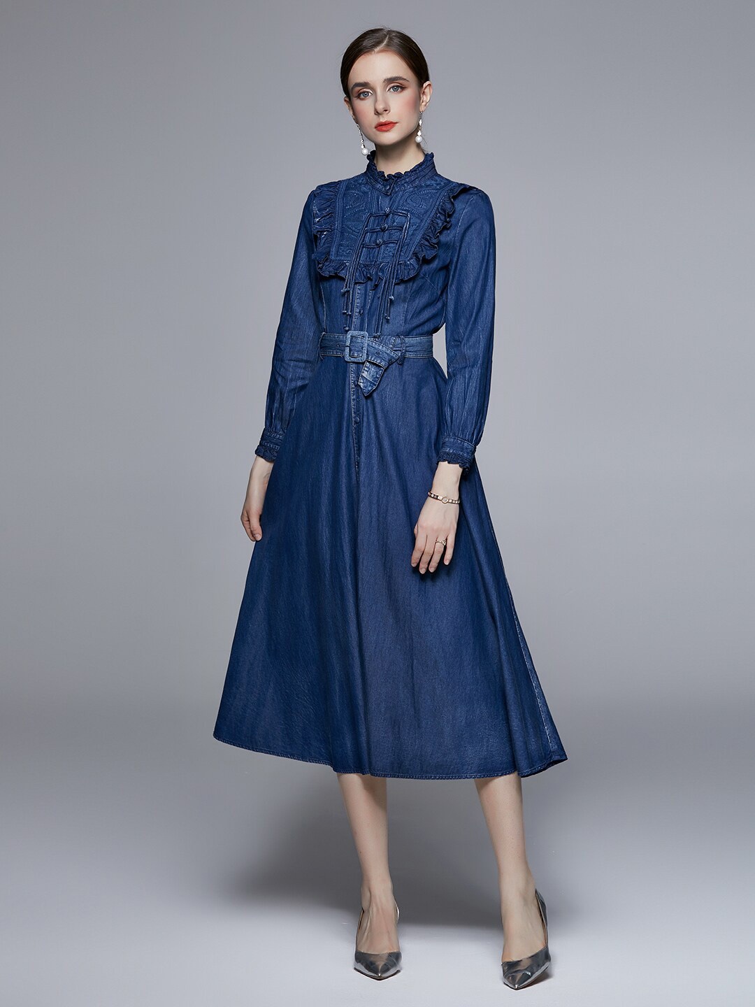 

JC Collection High Neck Denim Puffed Sleeves Midi Dress, Blue