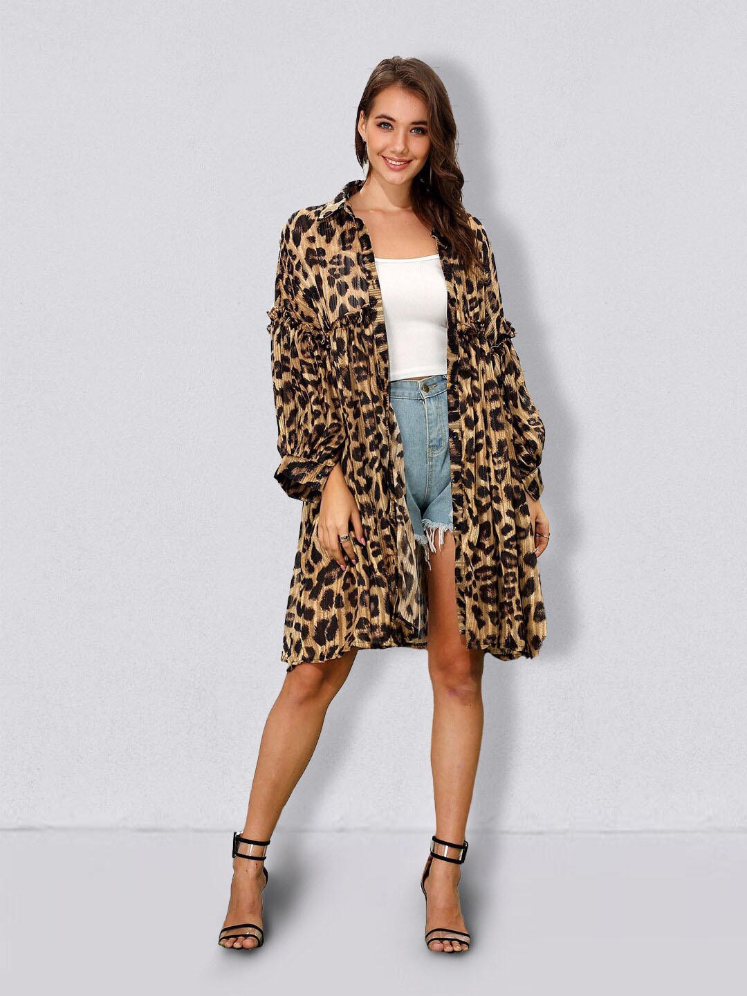 

JC Collection Animal Printed Cuffed Sleeves A-Line Dress, Brown