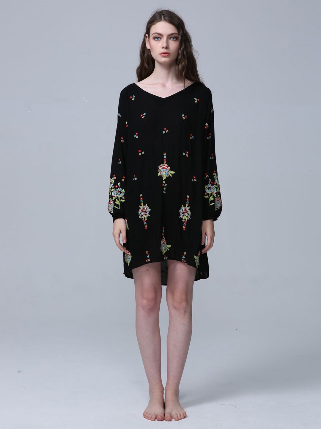 

JC Collection V-Neck Floral A-Line Dress, Black