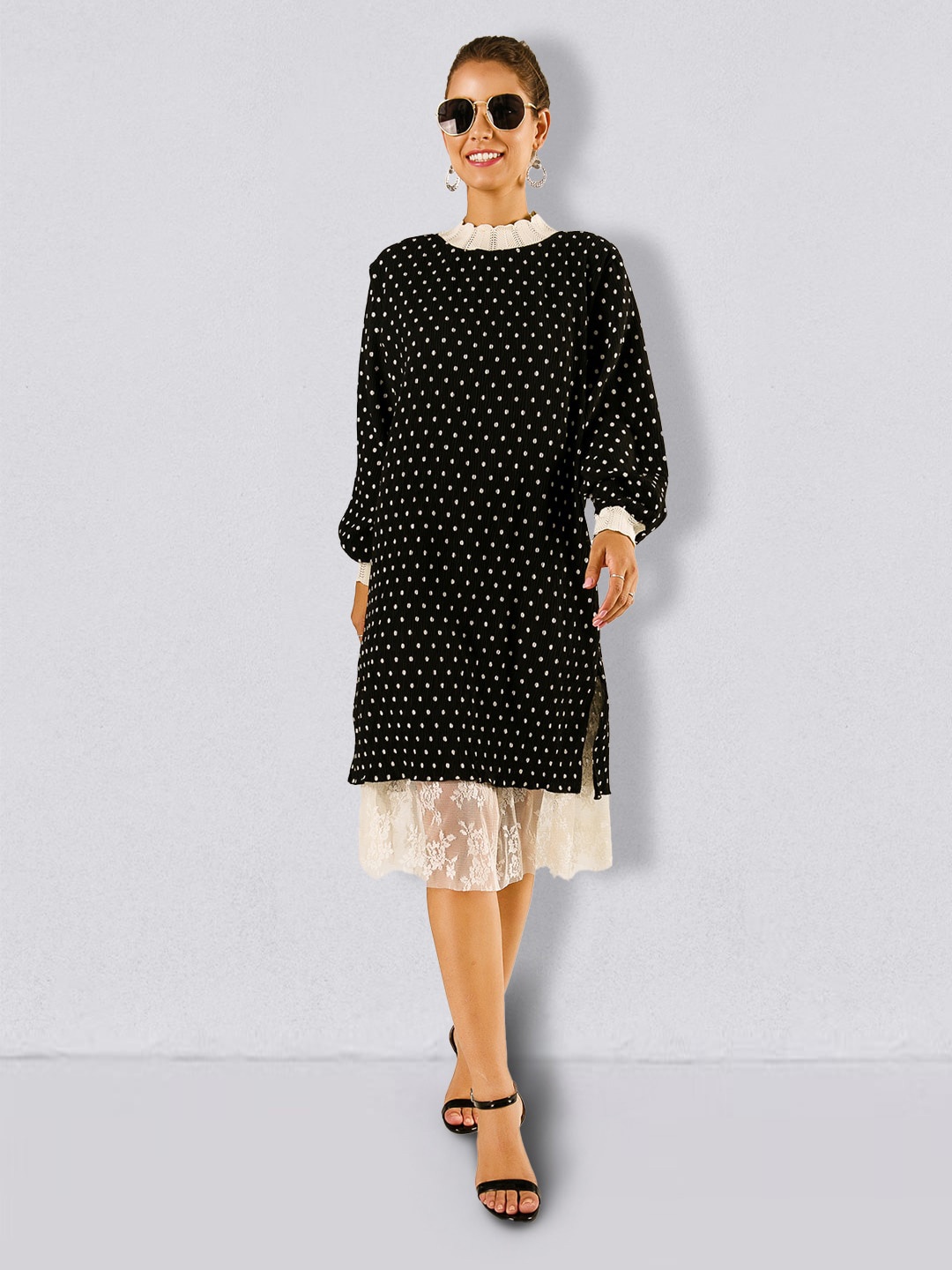 

JC Collection Polka Dots Printed A-Line Dress, Black