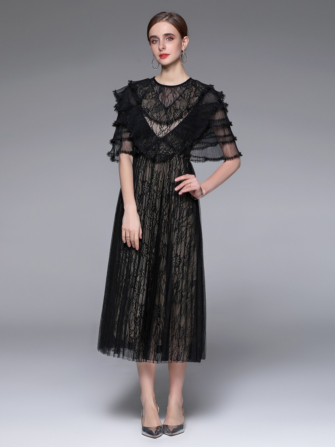

JC Collection Round Neck Self Design Flared Sleeves Midi Dress, Black