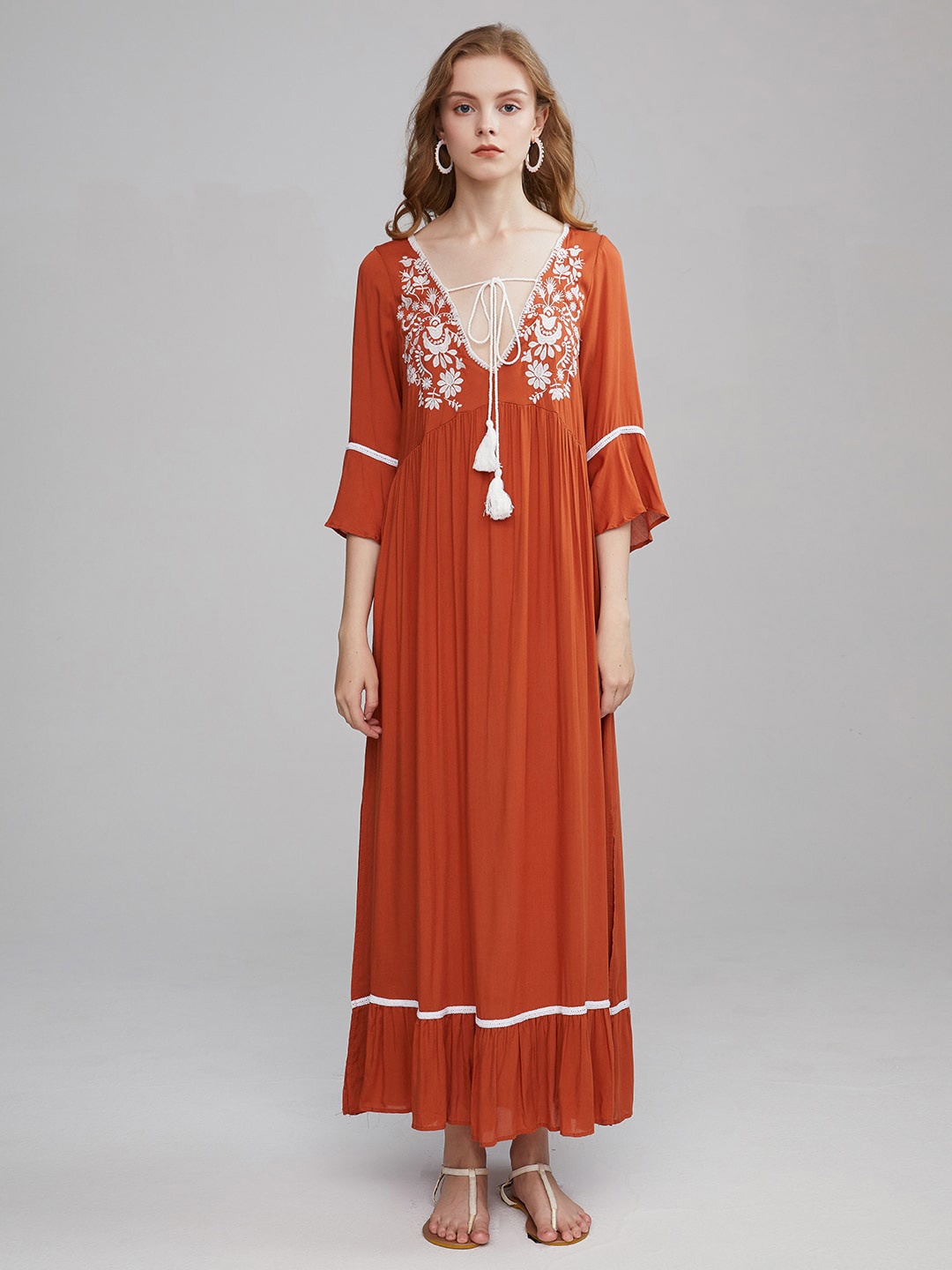 

JC Collection Embroidered V-Neck Tie Up Detail Maxi Dress, Rust