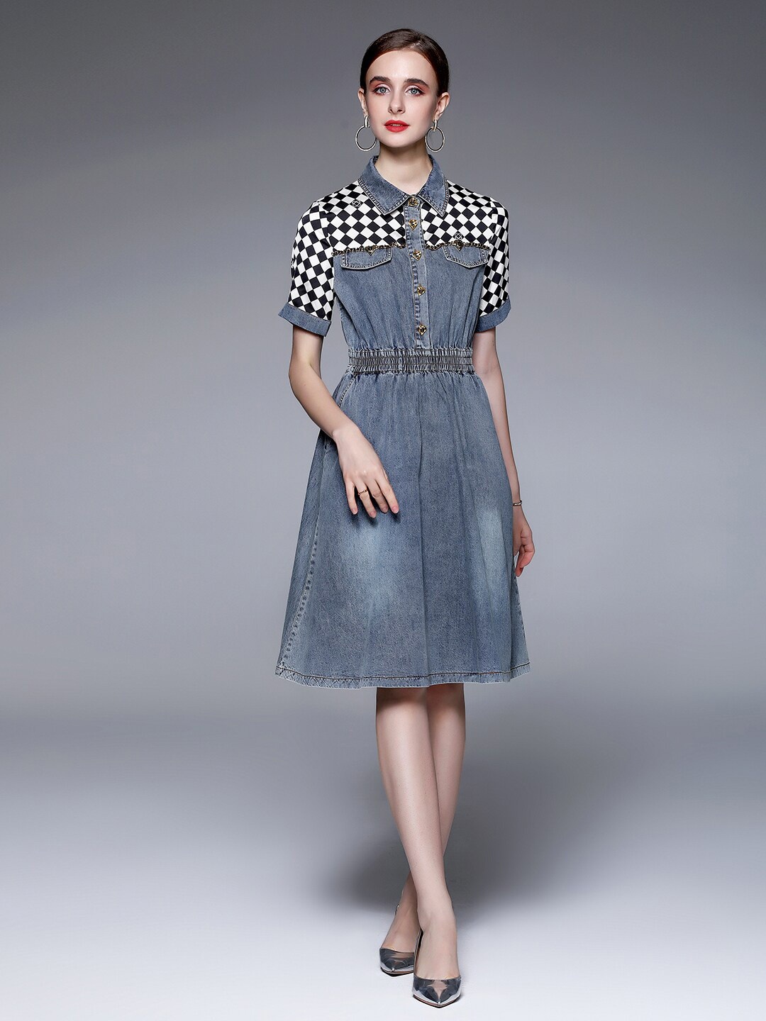 

JC Collection Checked Shirt Collar Fit & Flare Dress, Blue