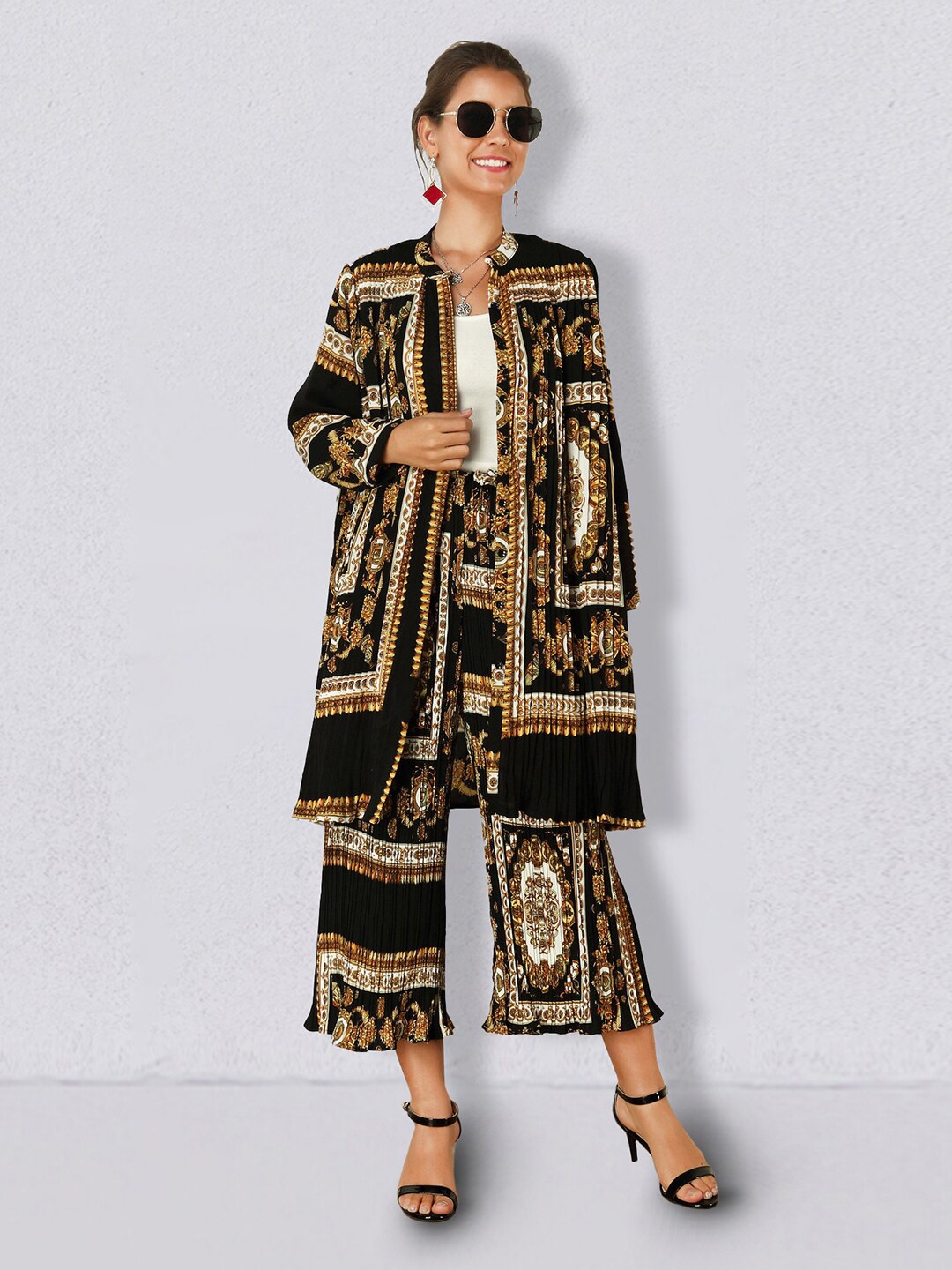 

JC Collection Ethnic Motifs Printed Band Collar Tunic, Black