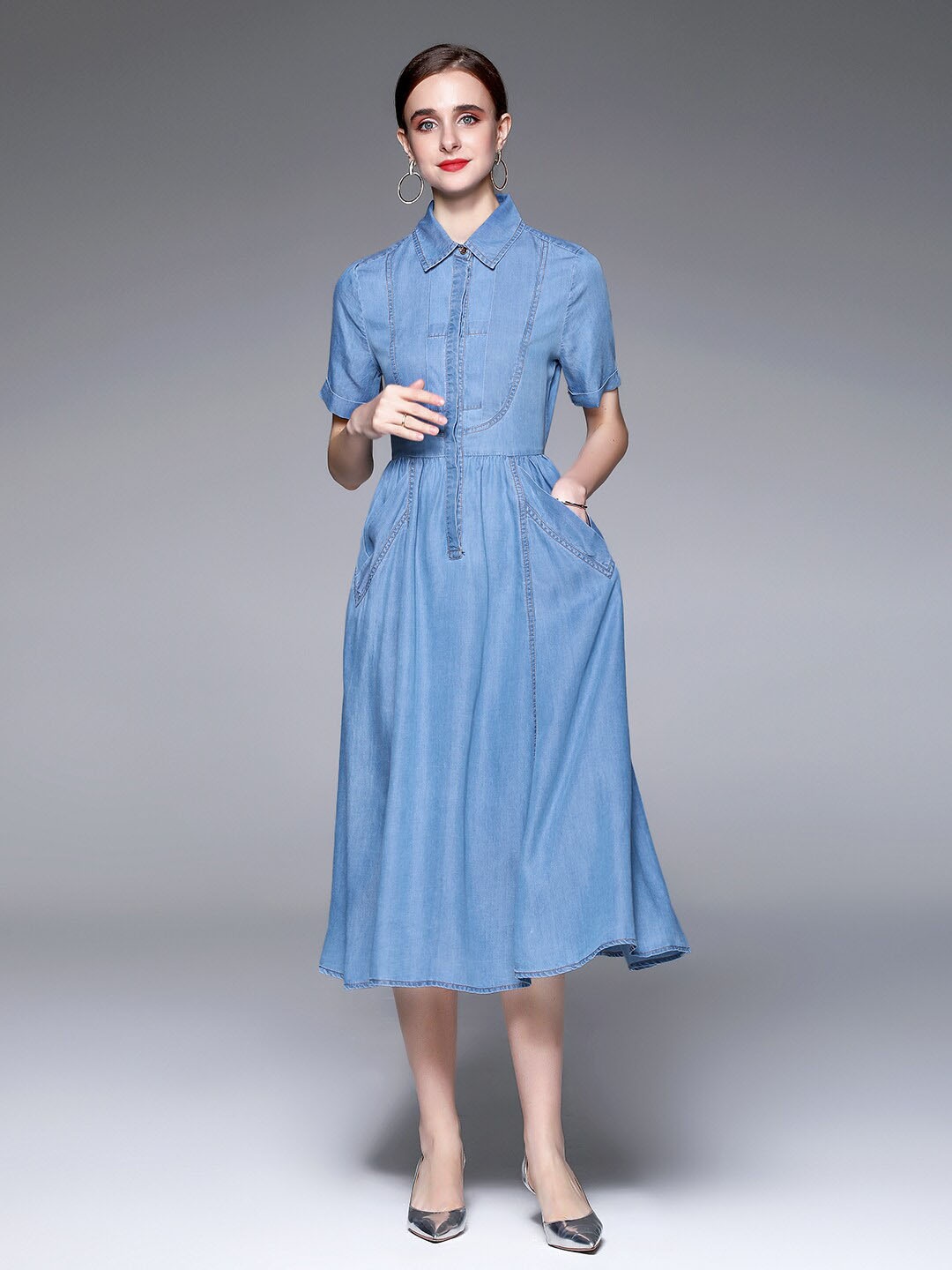 

JC Collection Shirt Collar Fit & Flare Midi Dress, Blue