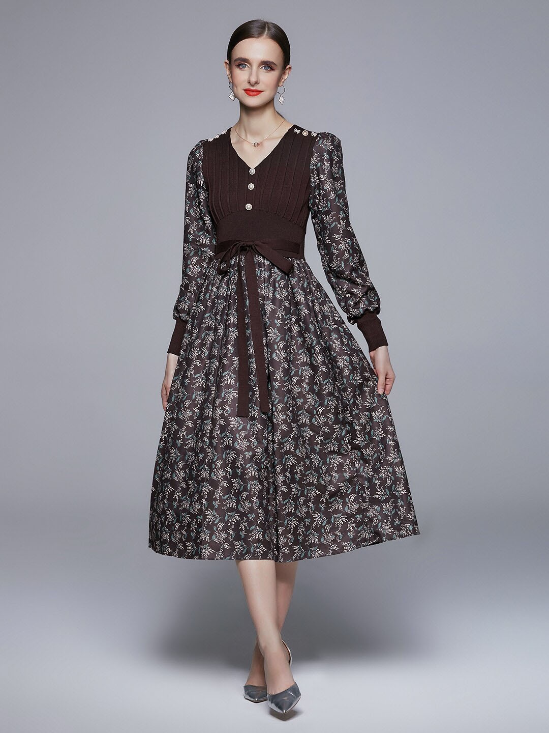 

JC Collection Floral Long Sleeve Tie Up Detail Fit & Flare Midi Dress, Coffee brown