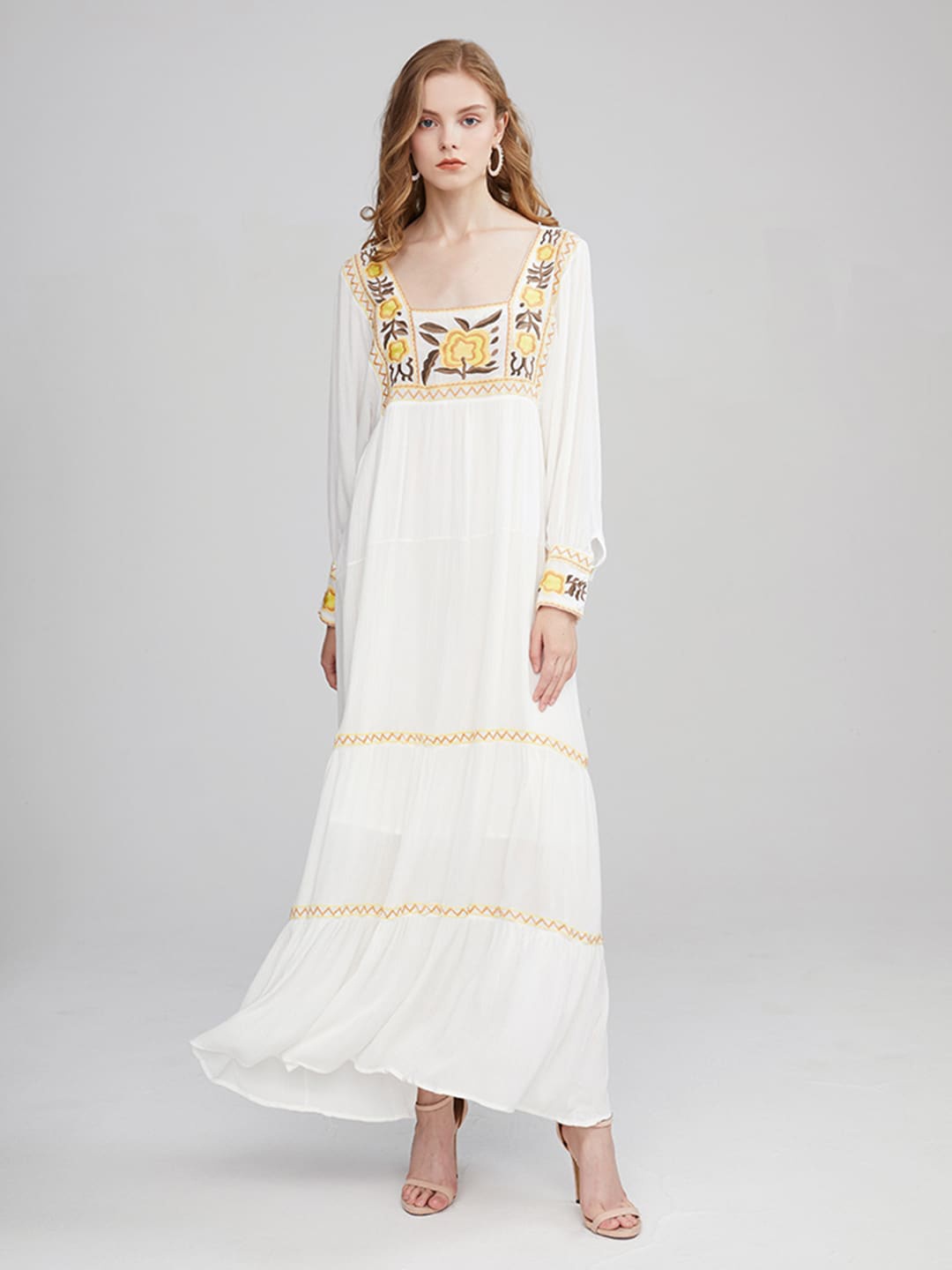 

JC Collection Floral Embroidered Tired Pure Cotton Maxi A-line Dress, White