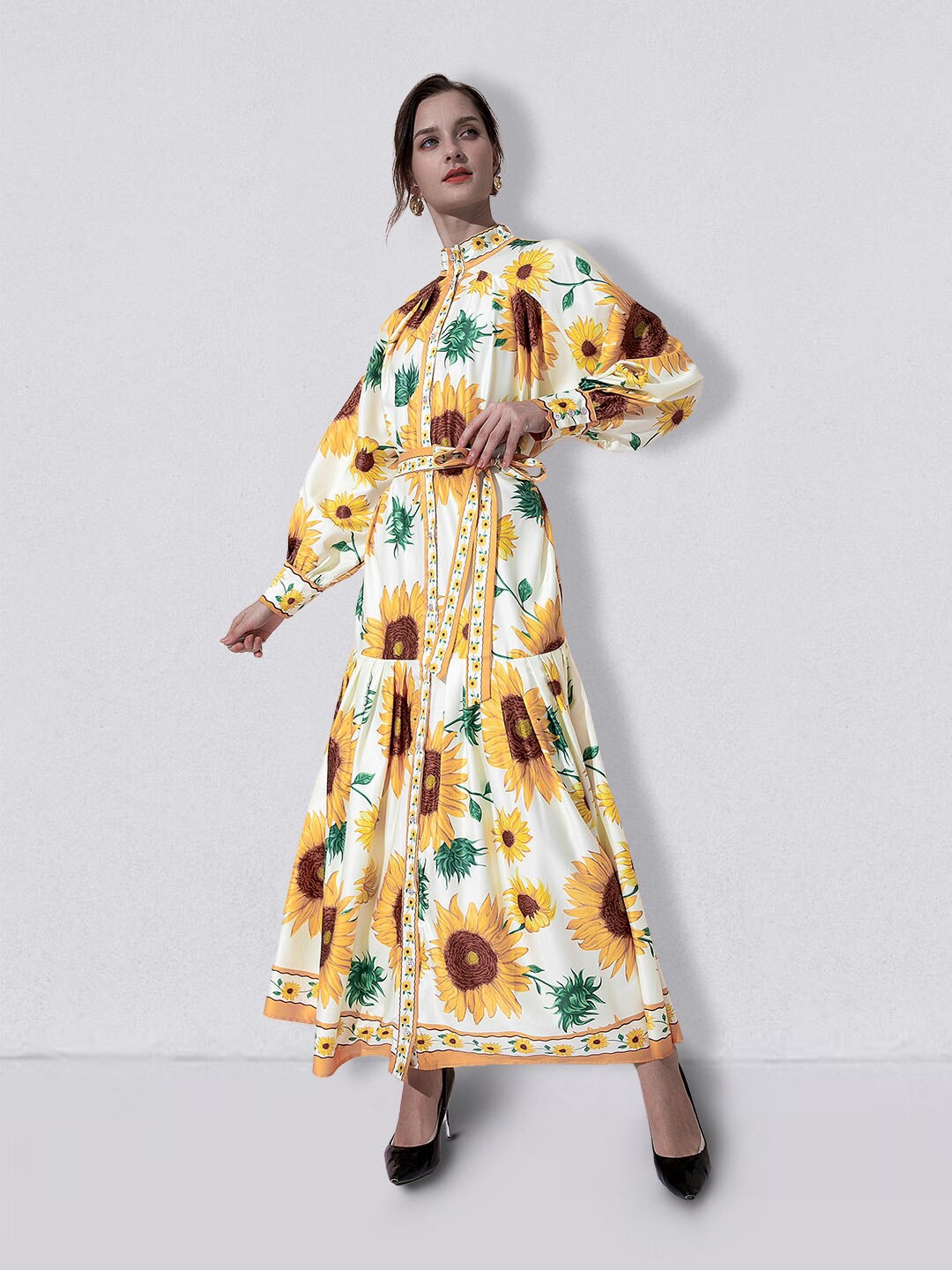 

JC Collection Floral Printed Puff Sleeves A-line Maxi Dress, Yellow