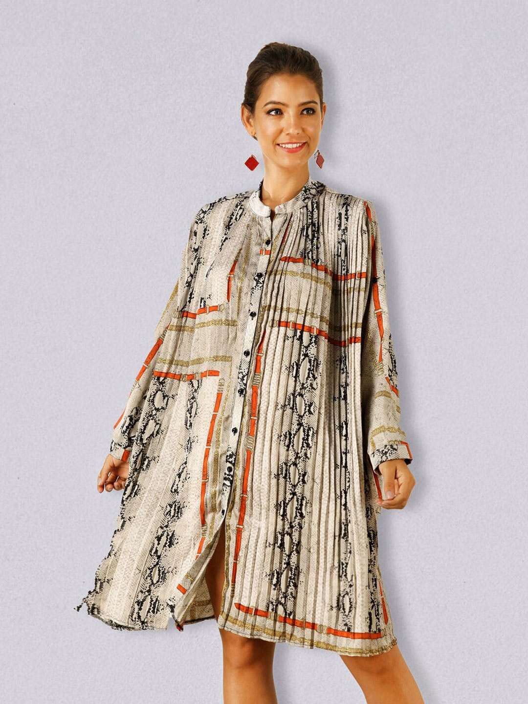 

JC Collection Abstract Printed Mandarin Collar Pleated Shirt Dress, Beige