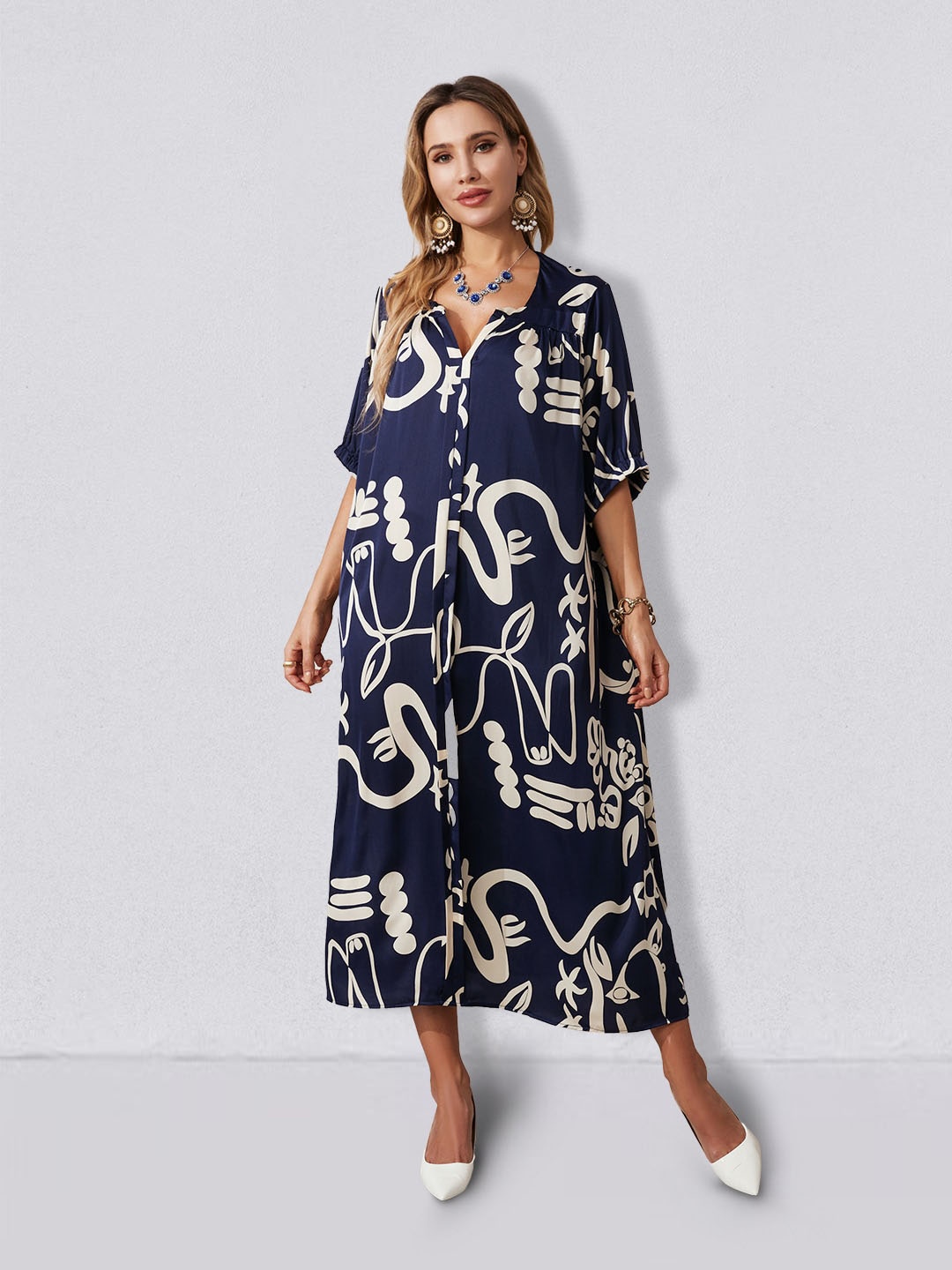 

JC Collection Printed Notched Collar Midi A-Line Dress, Navy blue