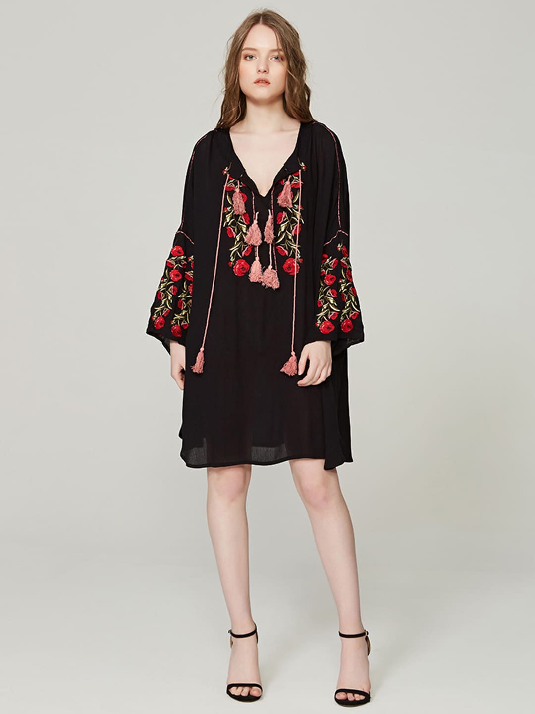 

JC Collection Flora Embroidered Tie Up Detail Pure Cotton Mini Dress, Black