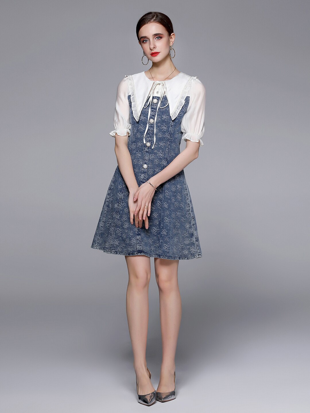 

JC Collection Floral Printed Above The Keyboard Collar A-Line Dress, Blue