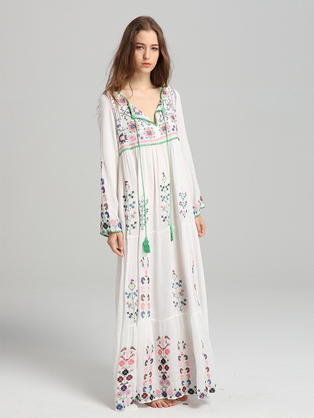 

JC Collection Ethnic Motifs Embroidered Cotton Tie-Up Neck Maxi Dress, White