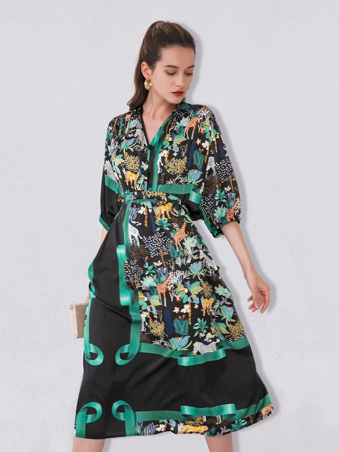 

JC Collection V-Neck Floral A-Line Midi Dress, Green
