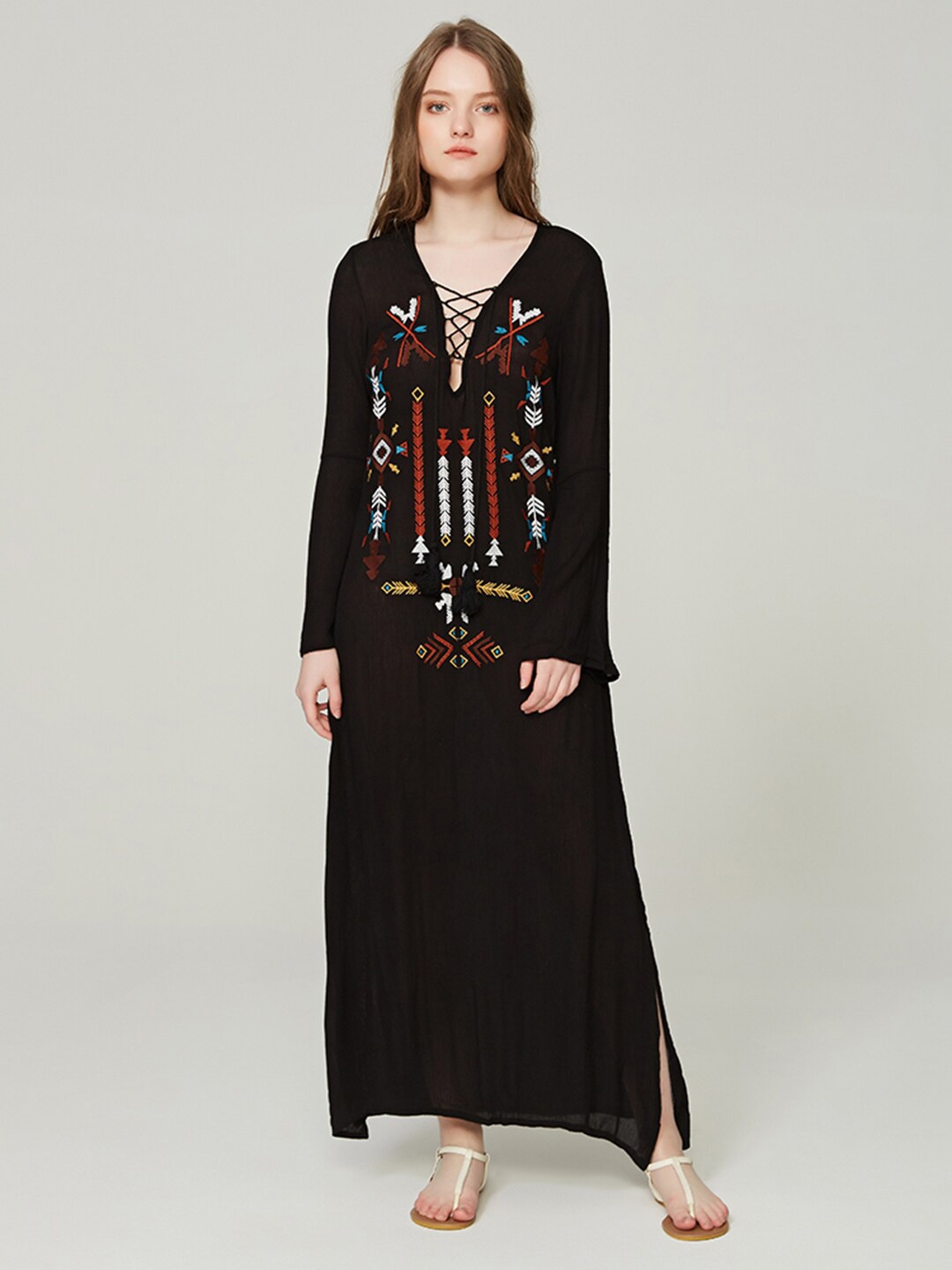 

JC Collection Geometric Embroidered Pure Cotton Maxi Dress, Black