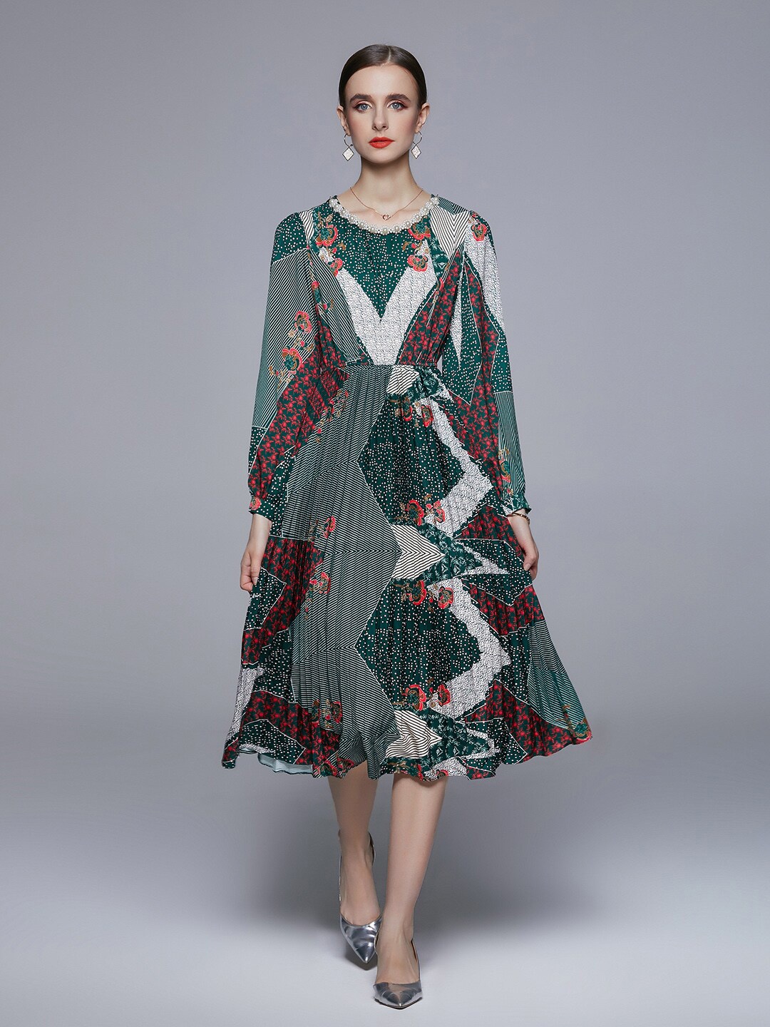 

JC Collection Round Neck Abstract Printed Fit & Flare Midi Dress, Green