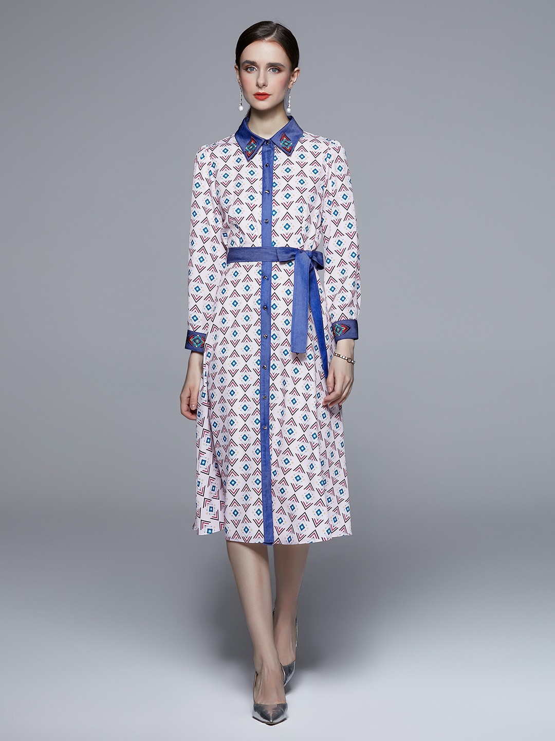 

JC Collection Shirt Collar Geometric Printed Midi Dress With Belt, White