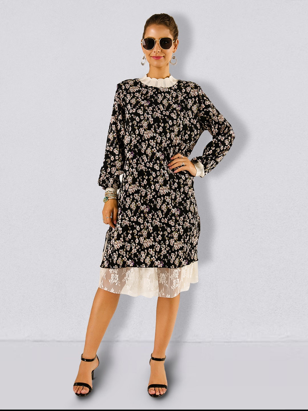 

JC Collection Floral Printed A-Line Dress, Black