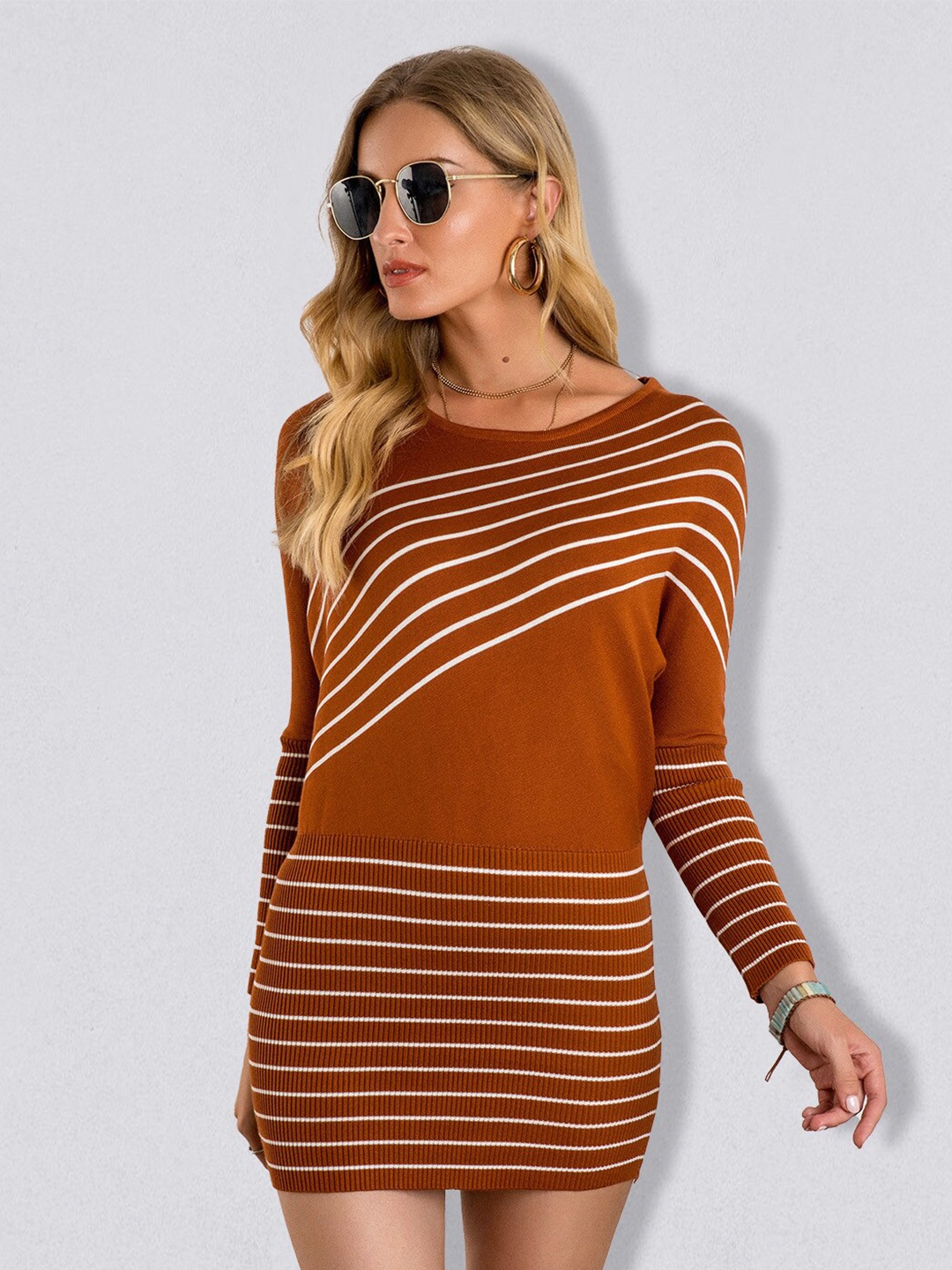 

JC Collection Striped Long Sleeve Ribbed Bodycon Mini Dress, Coffee brown