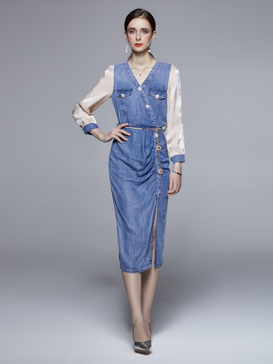 

JC Collection V-Neck Sheath Midi Dress, Blue