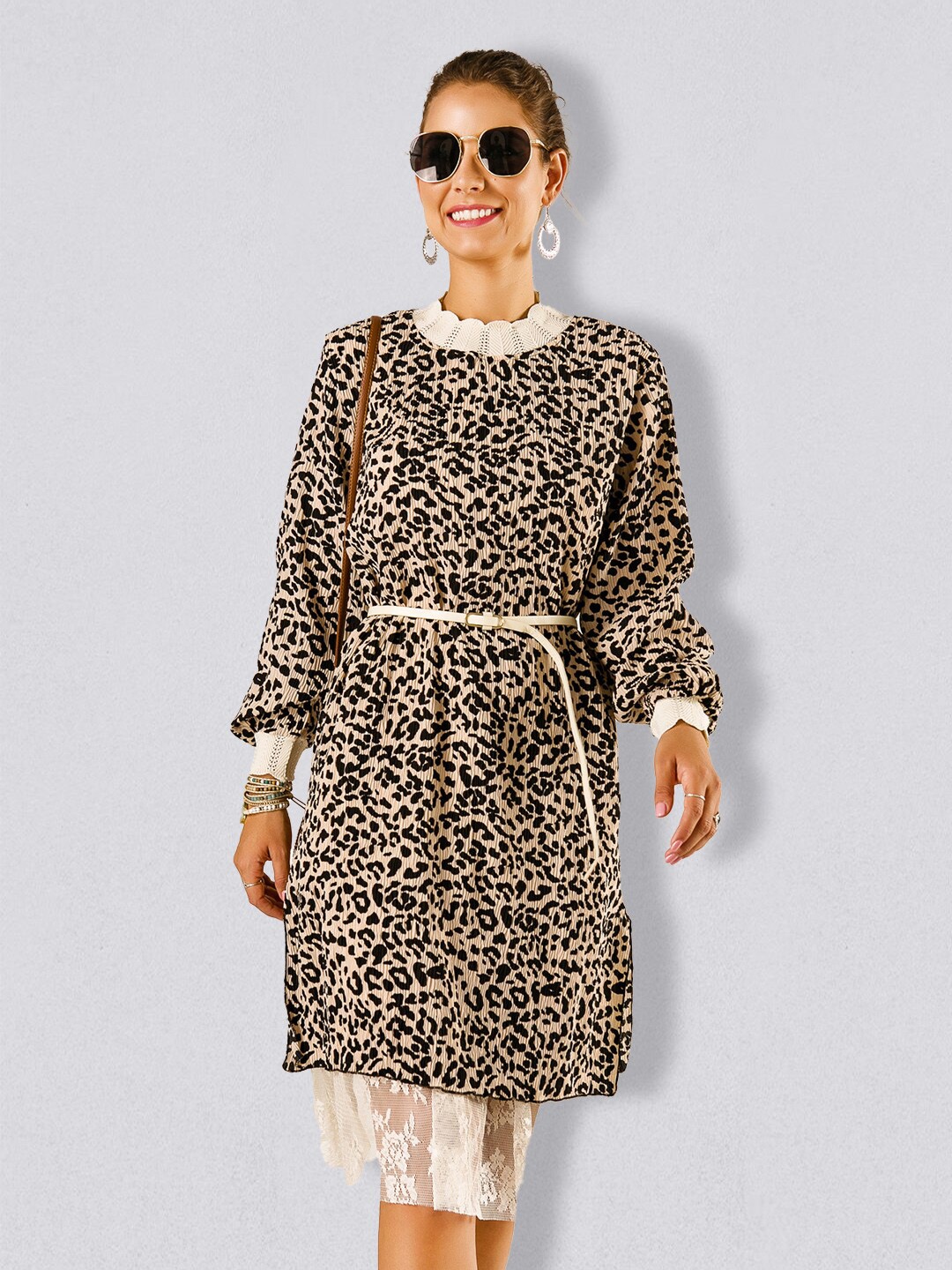 

JC Collection High Neck Animal A-Line Dress, Beige