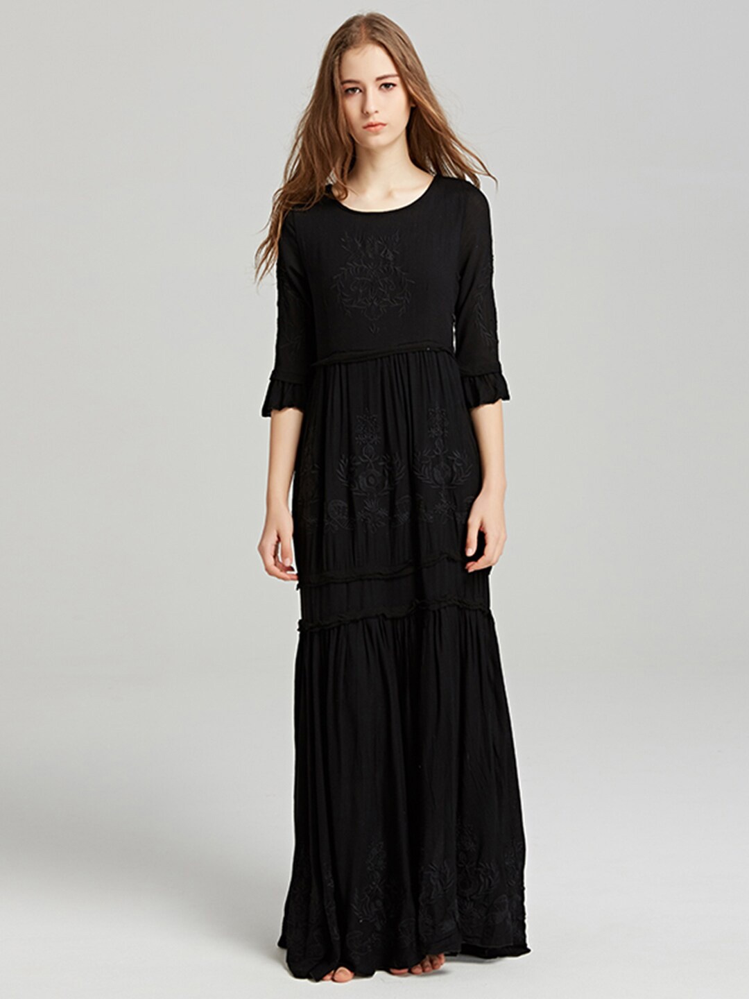 

JC Collection Floral Embroidered Maxi Pure Cotton A-Line Dress, Black