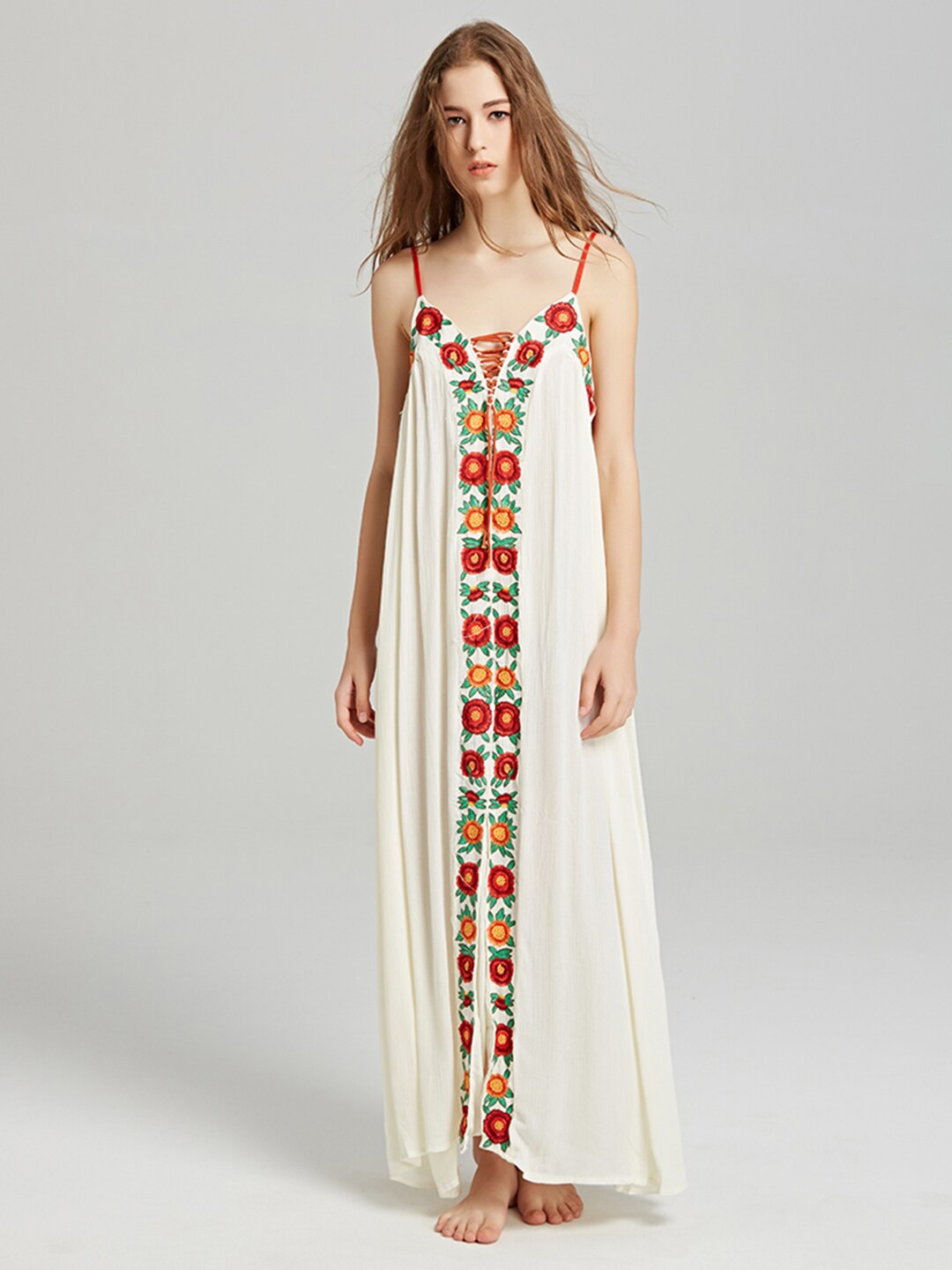 

JC Collection Floral Embroidered Off-Shoulder Pure Cotton Maxi Dress, Beige
