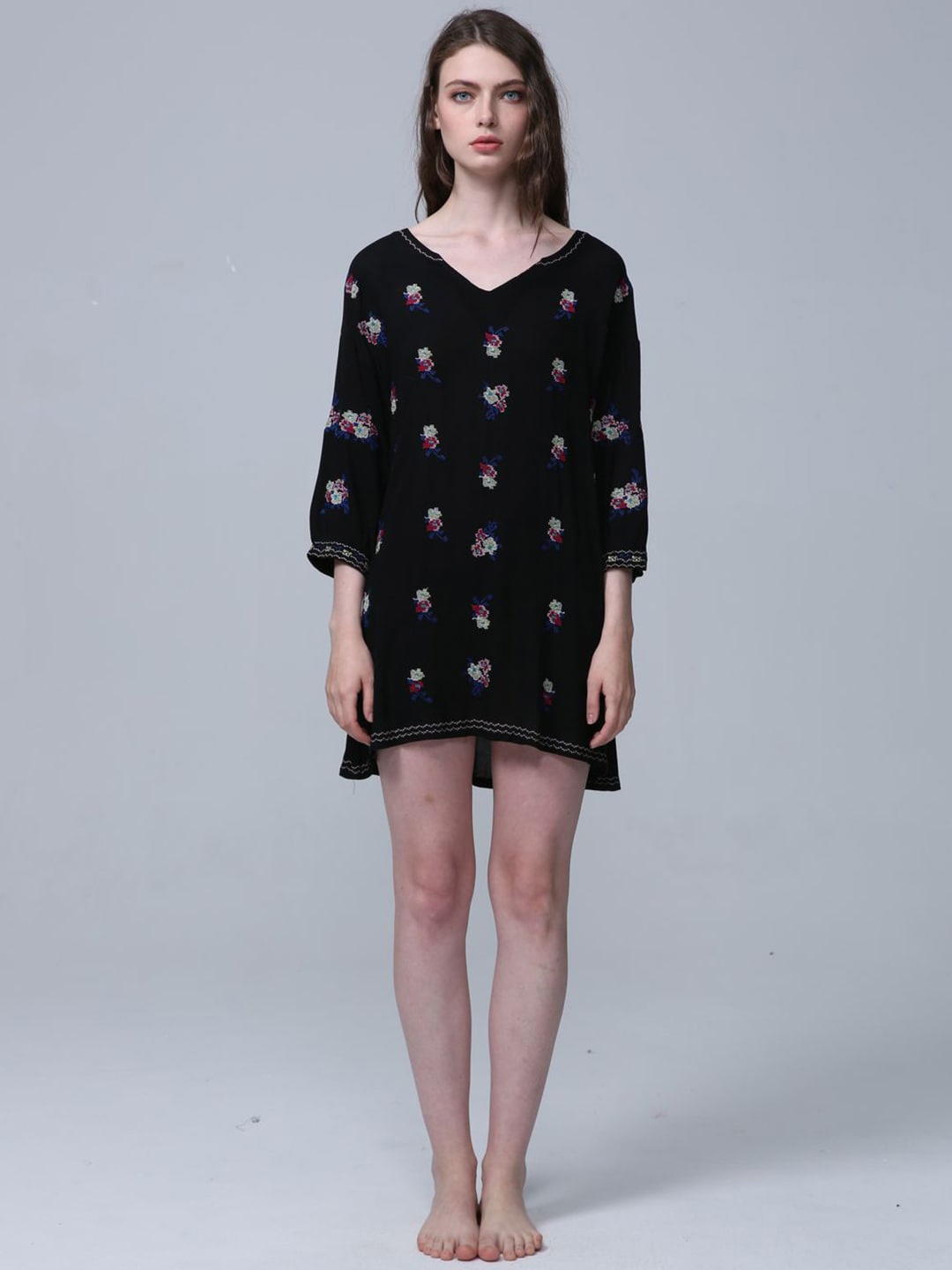 

JC Collection Floral Embroidered V-Neck Pure Cotton A-Line Dress, Black