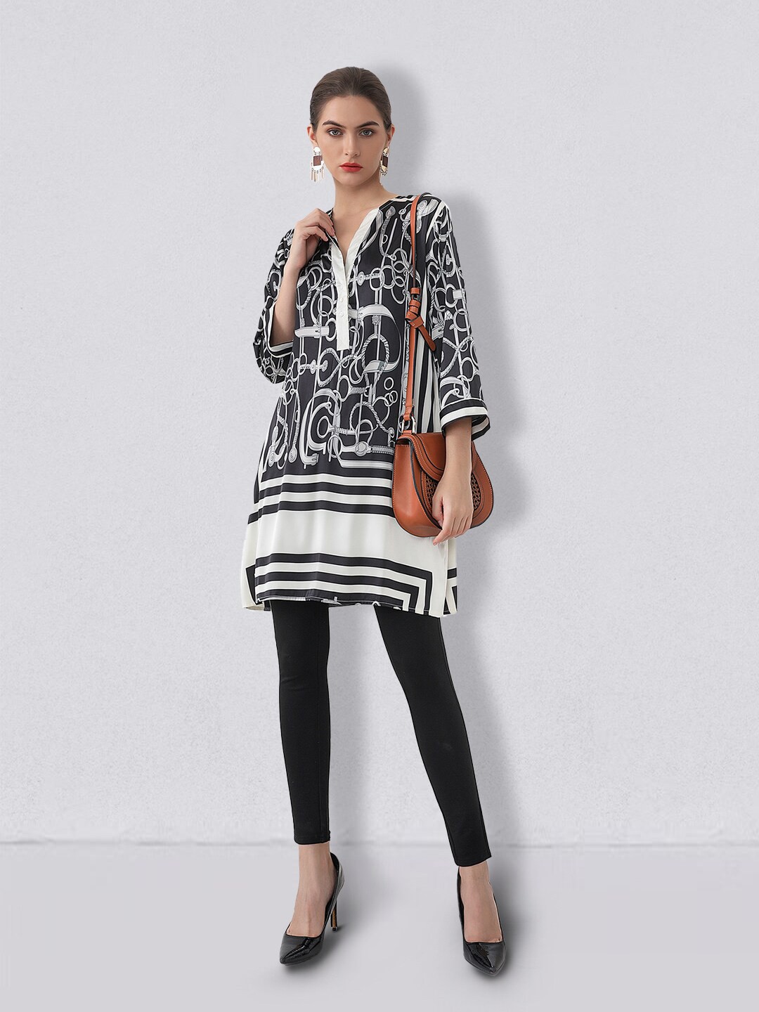 

JC Collection Printed Mandarin Collar Tunic, Black